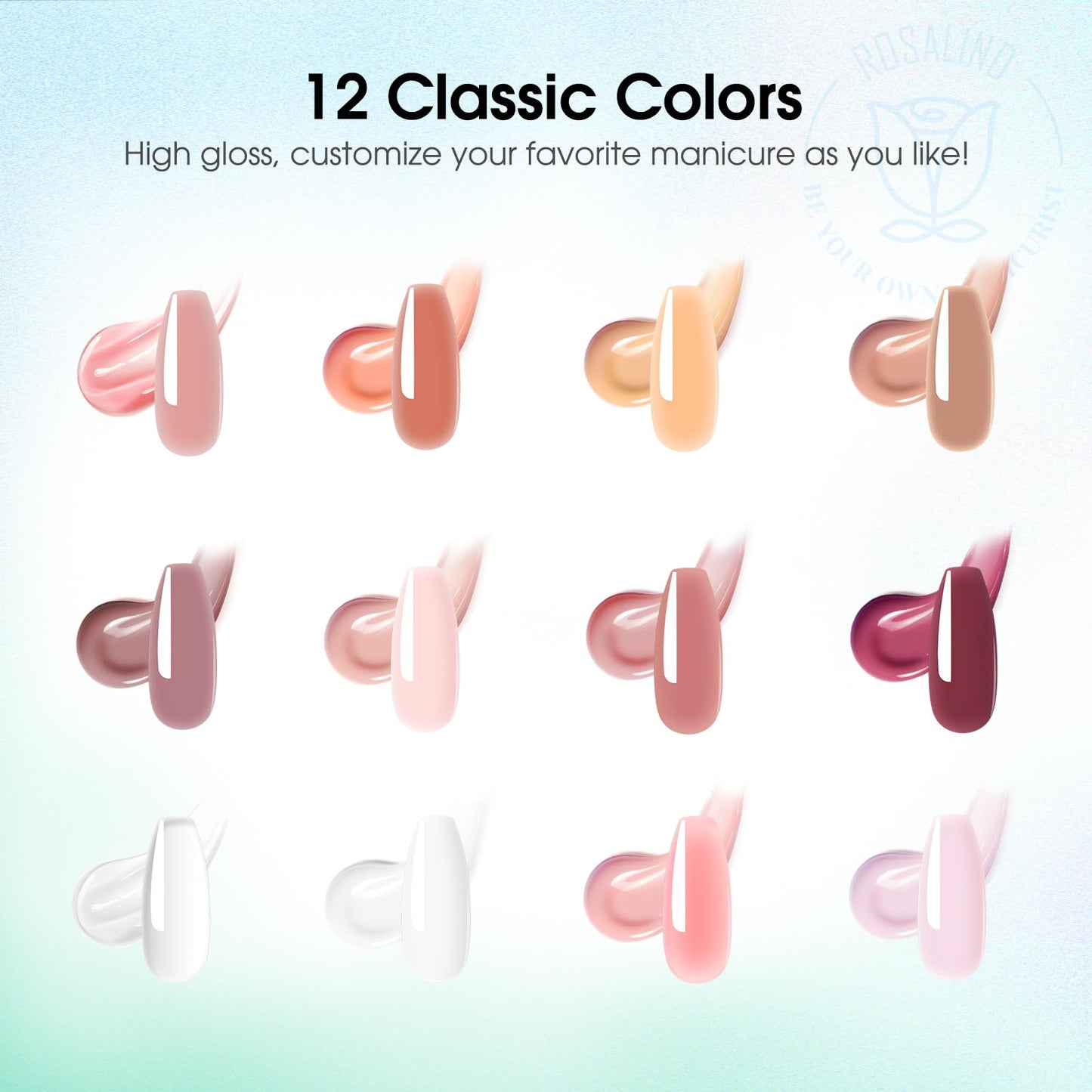 ROSALIND Pink Poly Nail Gel Kit -12 Colors + Nail Art Accessories Kit Nude Shades Poly Nails Gel Starter Kit with Slip Solution All Seasons Classic Colors Nails Extensions Set with Mini UV Lamp