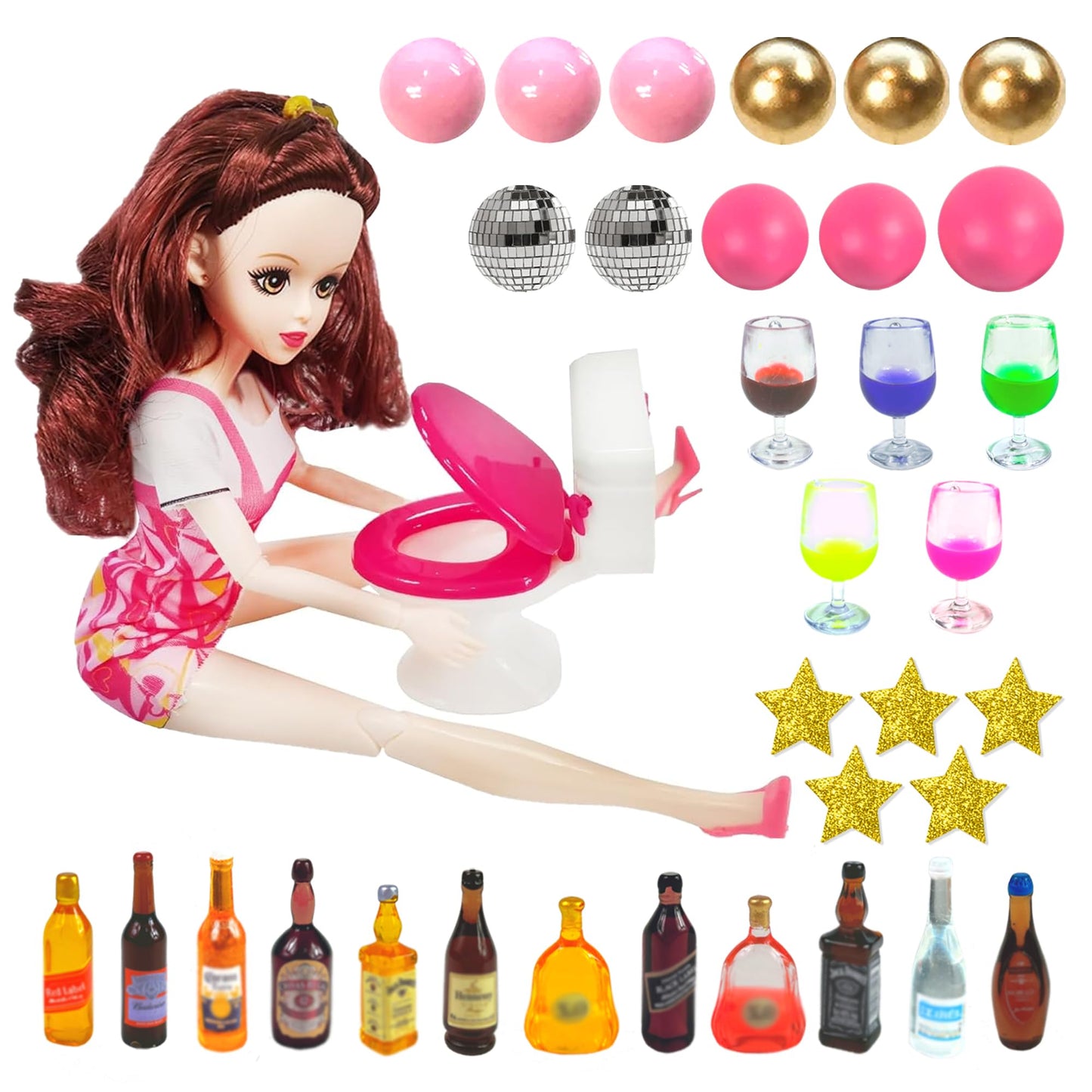 Mini Wine Bottles Cake Toppers With 12 Mini Wine Bottles 5 Mini Wine Glasses 1 Toilet 1 Beauty Doll for Celebrating Birthday Party (Brown)