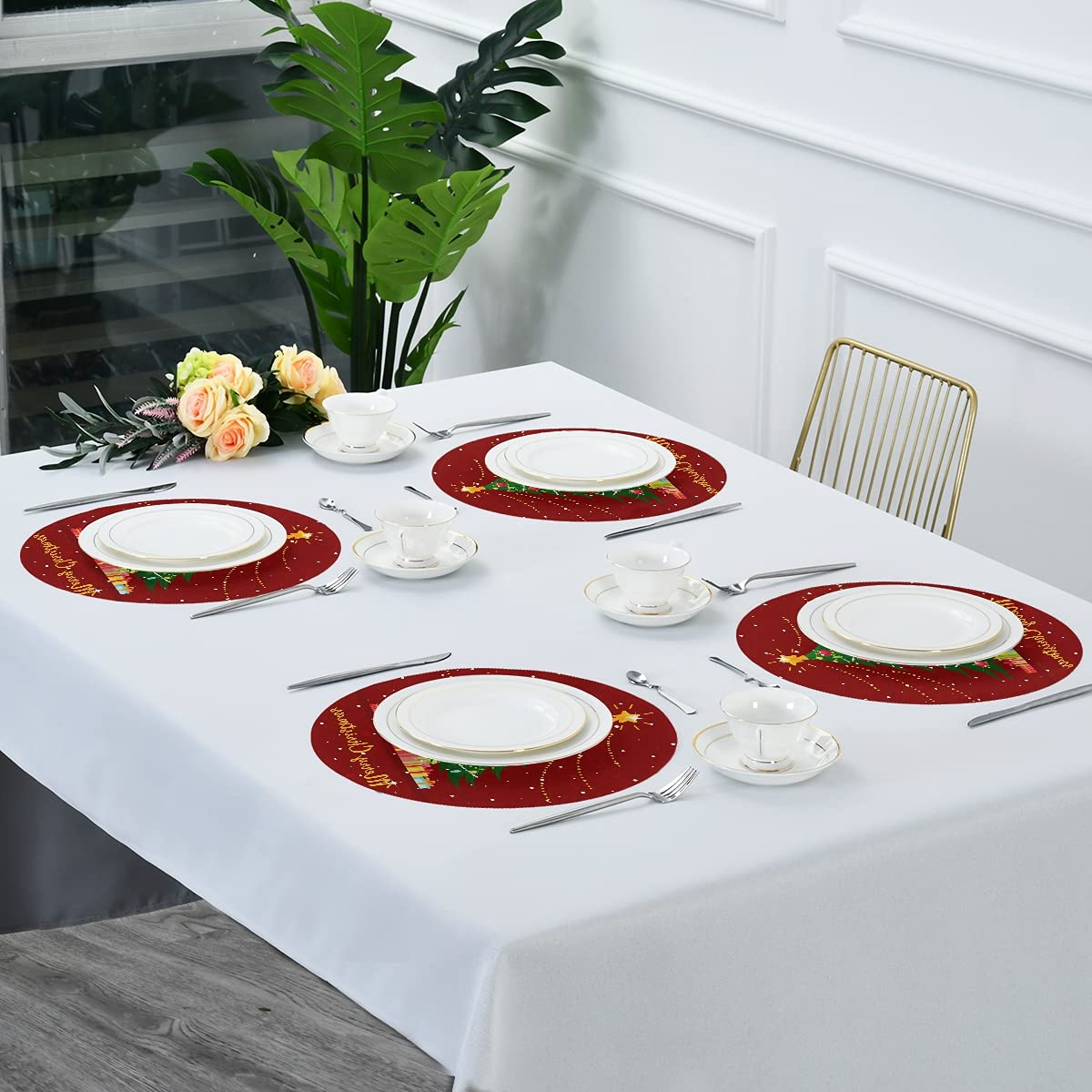 6 Pack Round Placemats Christmas Tree with Gift Boxes Table Mats Heat-Resistant Stain Resistant Anti-Skid Washable Placemats 15.4 Inch