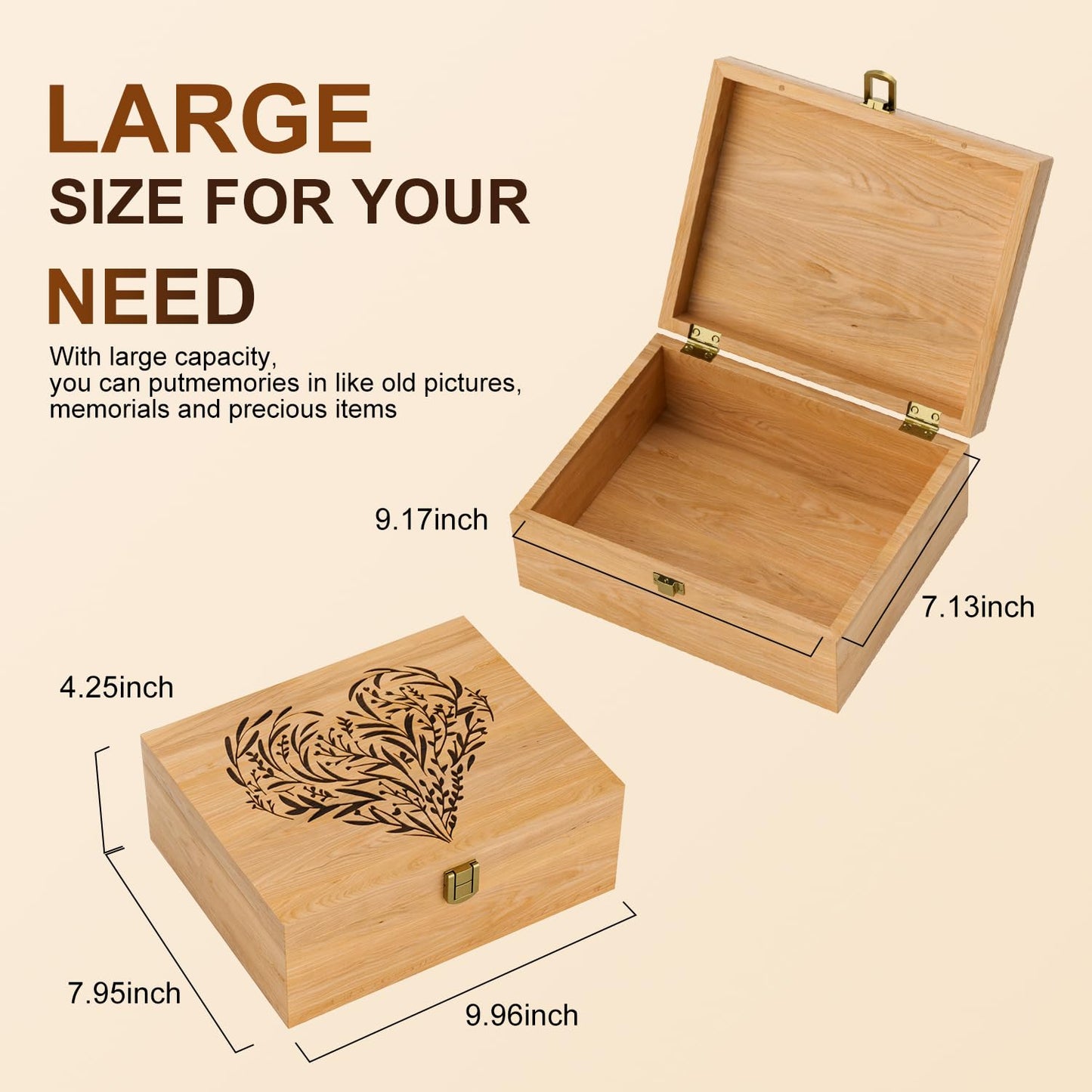 EDUROMI Memory Keepsake Wooden Box, Floral Heart Engraved Keepsake Boxes with Lids, Memory Box for Keepsakes for Anniversary, Wedding, Memory, Birthday, Valentines Day, Wood Box for Office or Home
