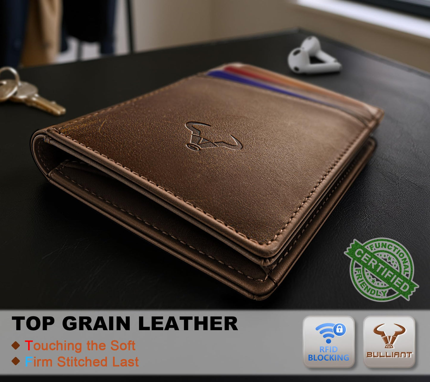 BULLIANT Men Wallet,Top Grain Leather Slim Wallet Magnetic Closure Simplifed Bill Folder RFID Blocking 11Cards