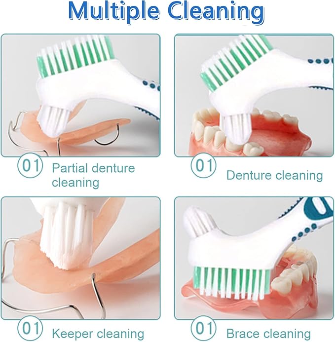 Denture Brush, 4 Pieces Small Toothbrush for Dentures, Multi-Layered Bristles Ergonomic Rubber Handle for False Teeth Cleaning