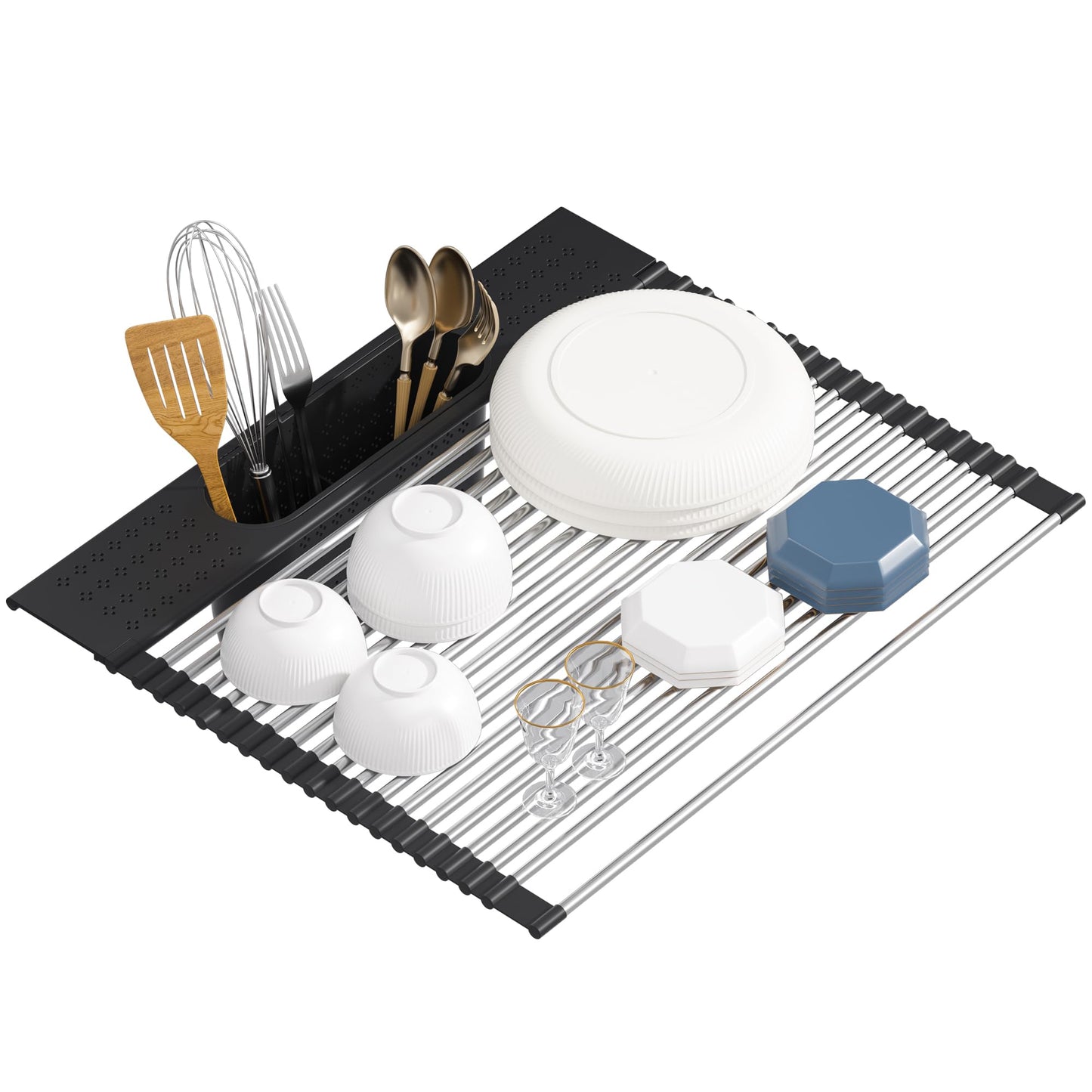 KEGFRES Roll Up Dish Drying Rack Over Sink, 17.5" x 15.2" Foldable SUS304 Stainless Steel Kitchen Dish Drainer, Heat-Resistant Multipurpose Rolling Sink Rack Organizer,Black