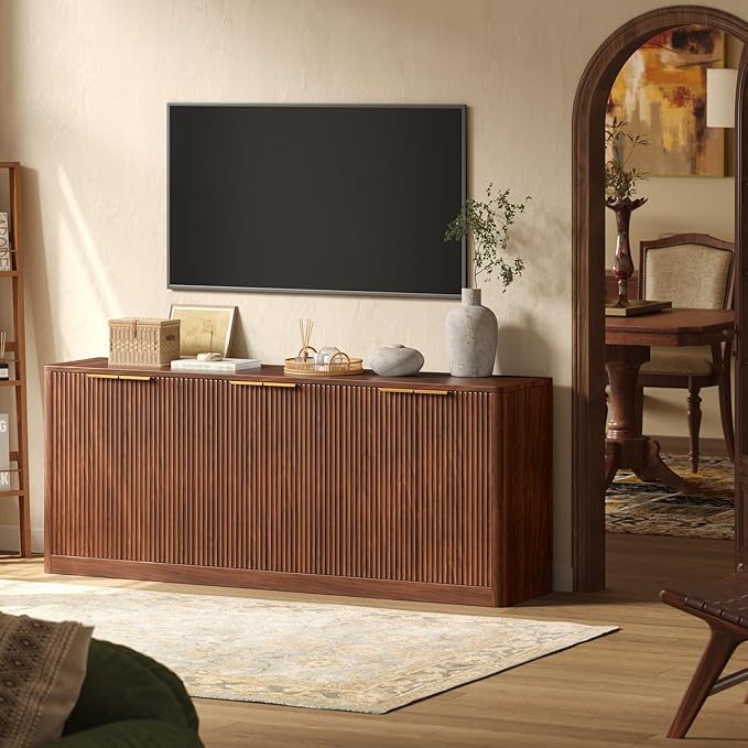 Evermagin 67" Fluted Walnut Buffet Cabinet Sideboard with Storage, Large Credenza with 6 Doors, Wood Mid Century Modern Sideboard for Kitchen and Living Room (67" W*31.5" H*15.7" D)