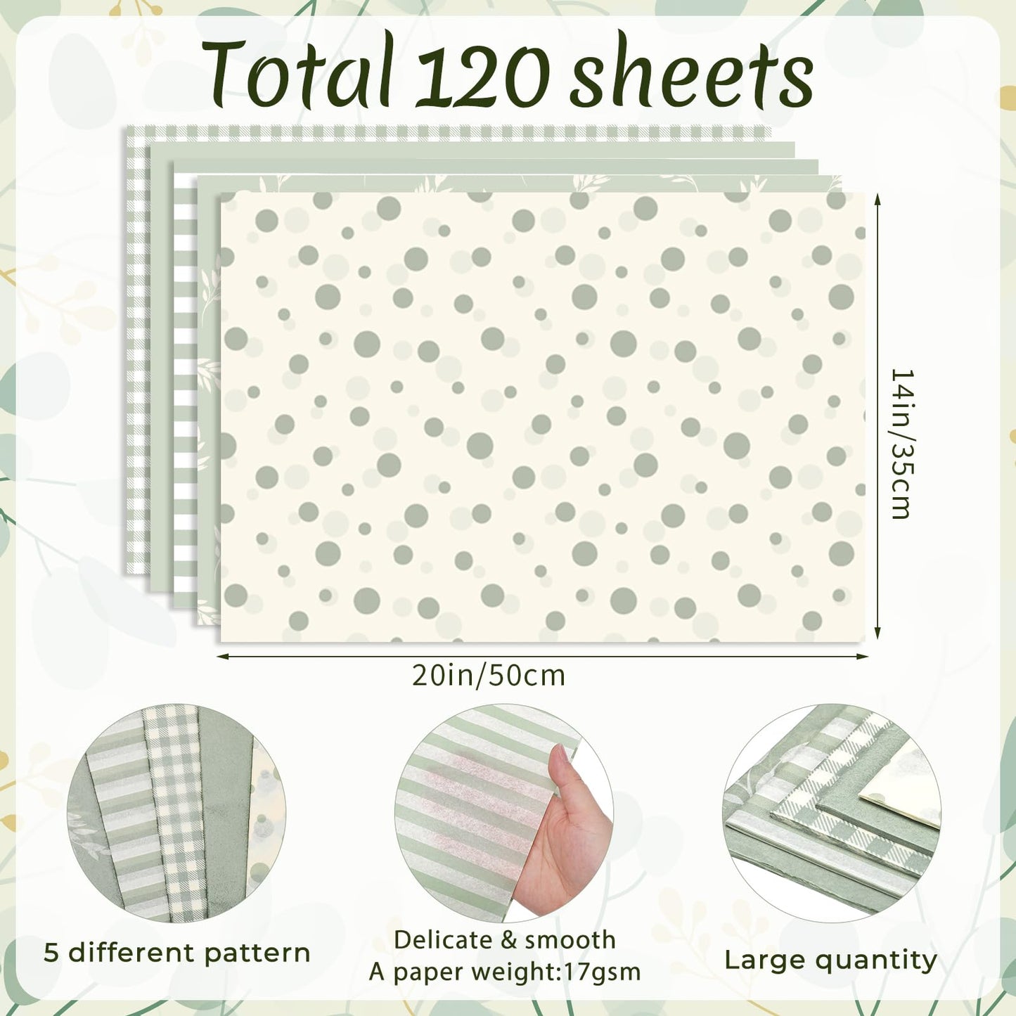 woric 120 Sheets Green Tissue Paper for Gift Bags, Sage Green Gift Tissue Paper Bulk with Botanical Stripe Dot for Spring Wedding Baby Shower Graduation DIY Crafts, 14 x 20 Inch