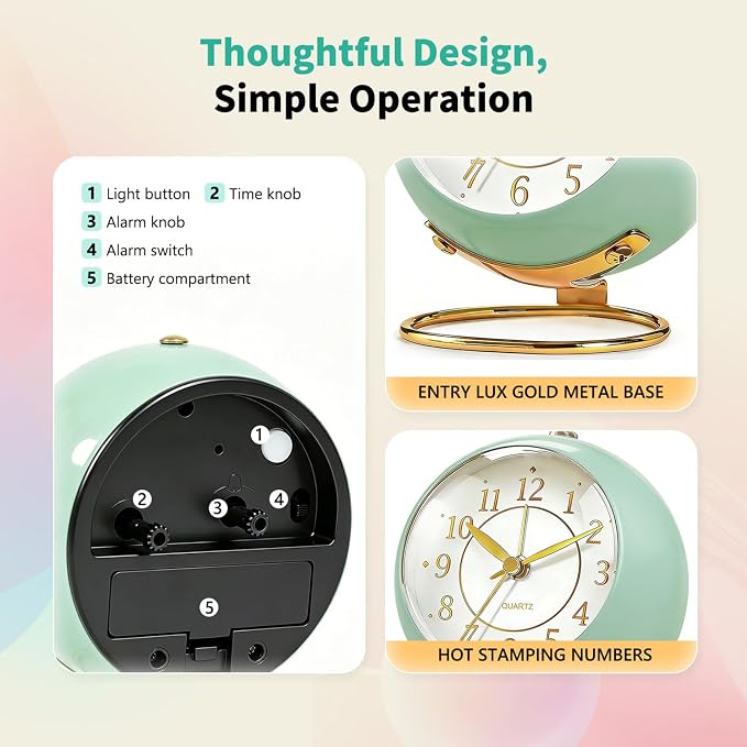 Analog Alarm Clock, Retro Small Desk Clock with Night Light, Backlight Cute Simple Design, Silent Non-Ticking, Battery Powered, Clock for Bedroom,Travel,Kitchen,Bedside Desktop Decor