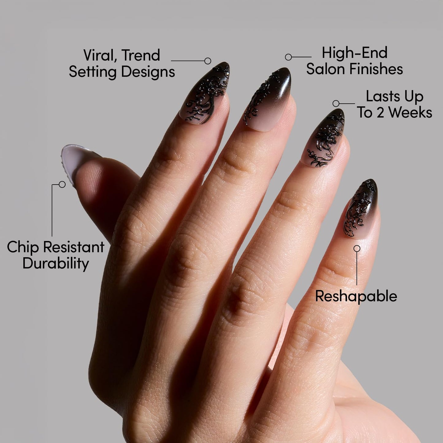 Glamnetic Press On Nails - 'Til Death | Ombre 3D Lace Medium Almond Fake Nails with Glossy Finish, Salon Quality Halloween Nails | 15 Sizes - 30 Nail Kit with Glue