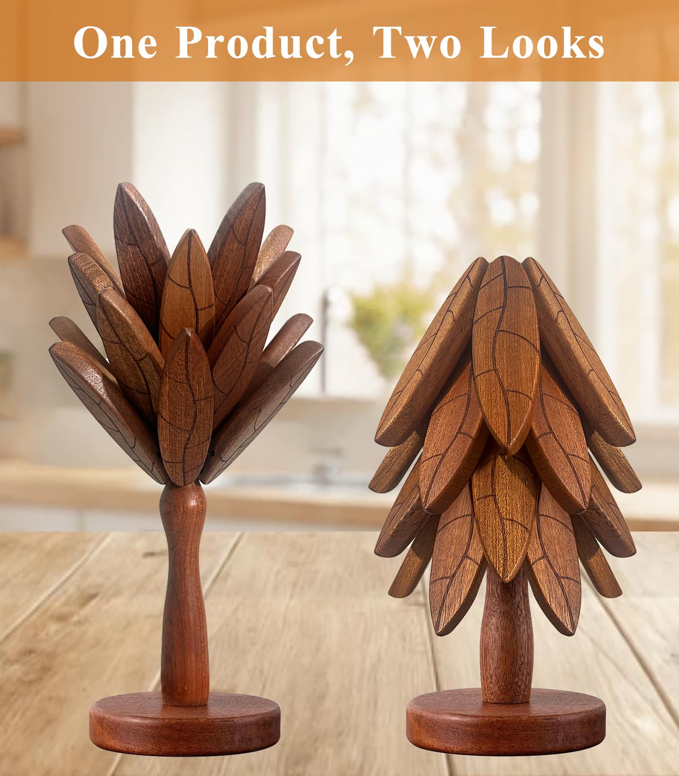 Tree Coasters, Wooden Trivets for Hot Dishes/Pot/Bowl/Teapot/Pans, Tree Shape Trivet Set - 4 Wooden Trivets + 1 Stand Stored, Kitchen Decor Gifts for Him/Her (Leaf Pattern - 4Pcs)