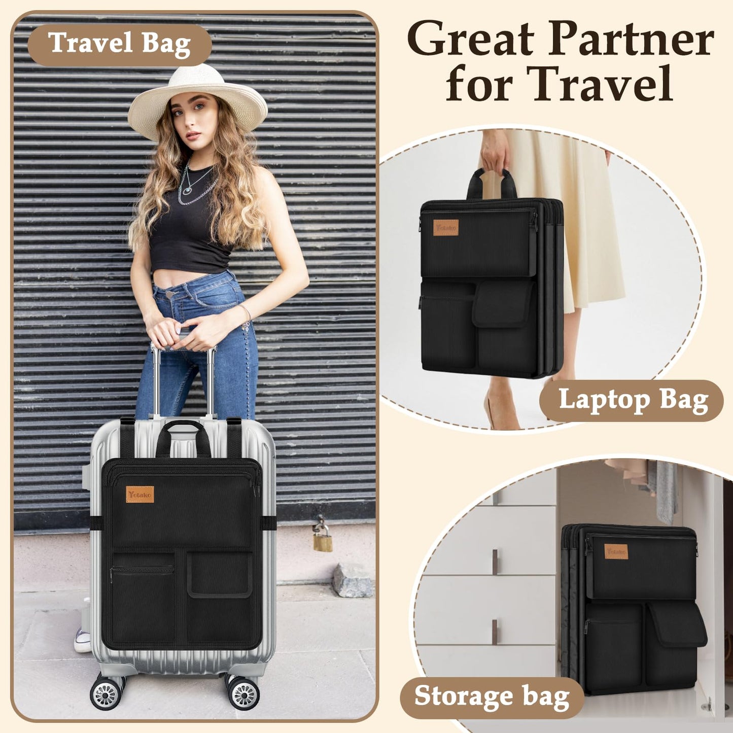 Yotako Over Luggage Organizer for Suitcase or Carry On Bag with 7 Storage Pockets-16” Laptop Sleeve with Handle and Adjustable Straps, Fits 20-30” Suitcase Travel Accessories Bag (Black)