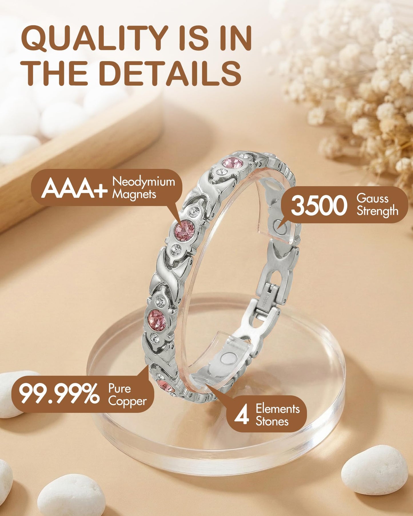 Feraco Pure Copper Bracelets for Women, 4 Elements Magnetic Bracelet with 3800 Gauss Neodymium Magnets & Dazzling Crystals, Adjustable Jewelry Gift (Silver)