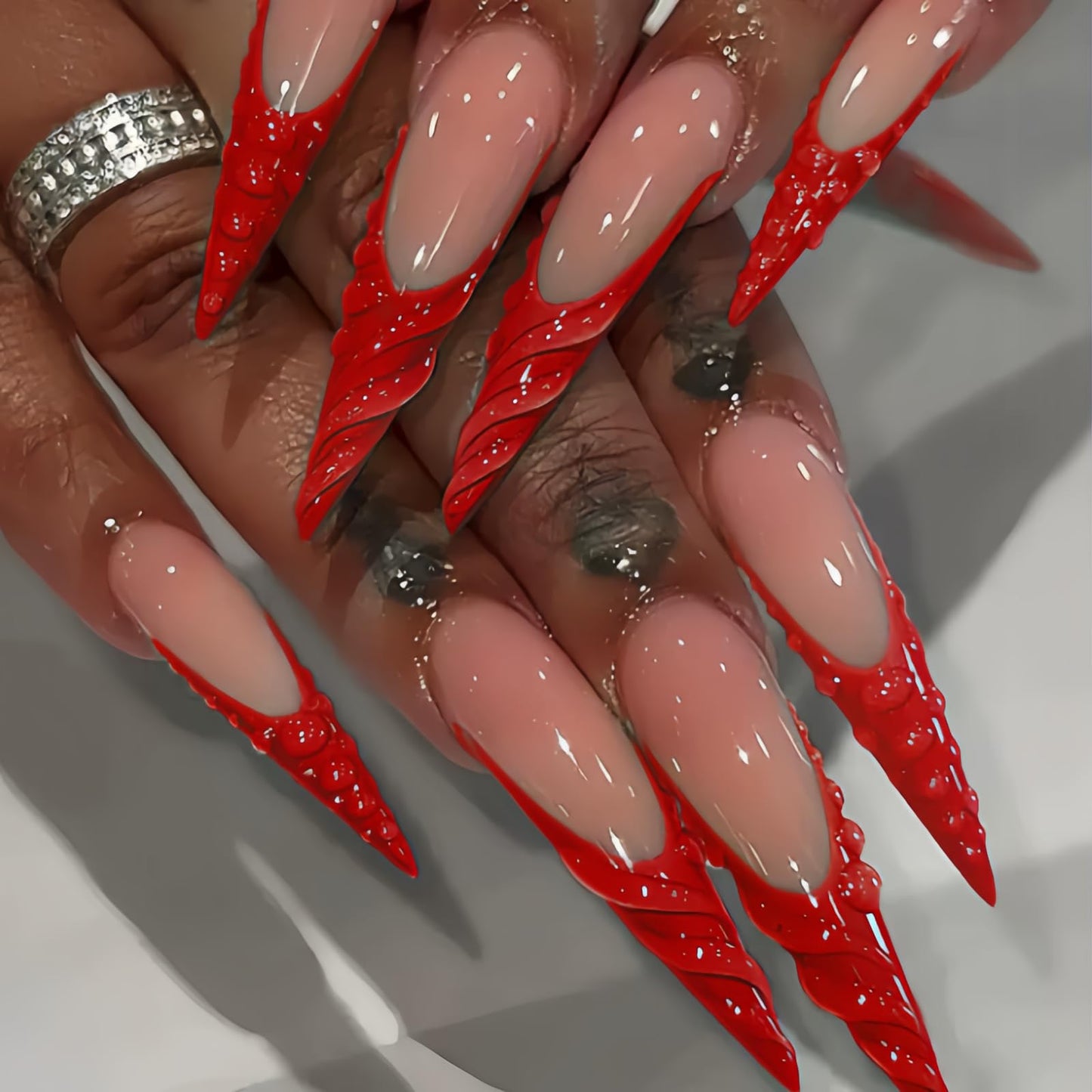 Long Press on Nails Stiletto Fake Nails Red French Artificial Nails with 3D Water Droplets Designs Extra Long Glossy Cute Stick on Nail for Women 24pcs