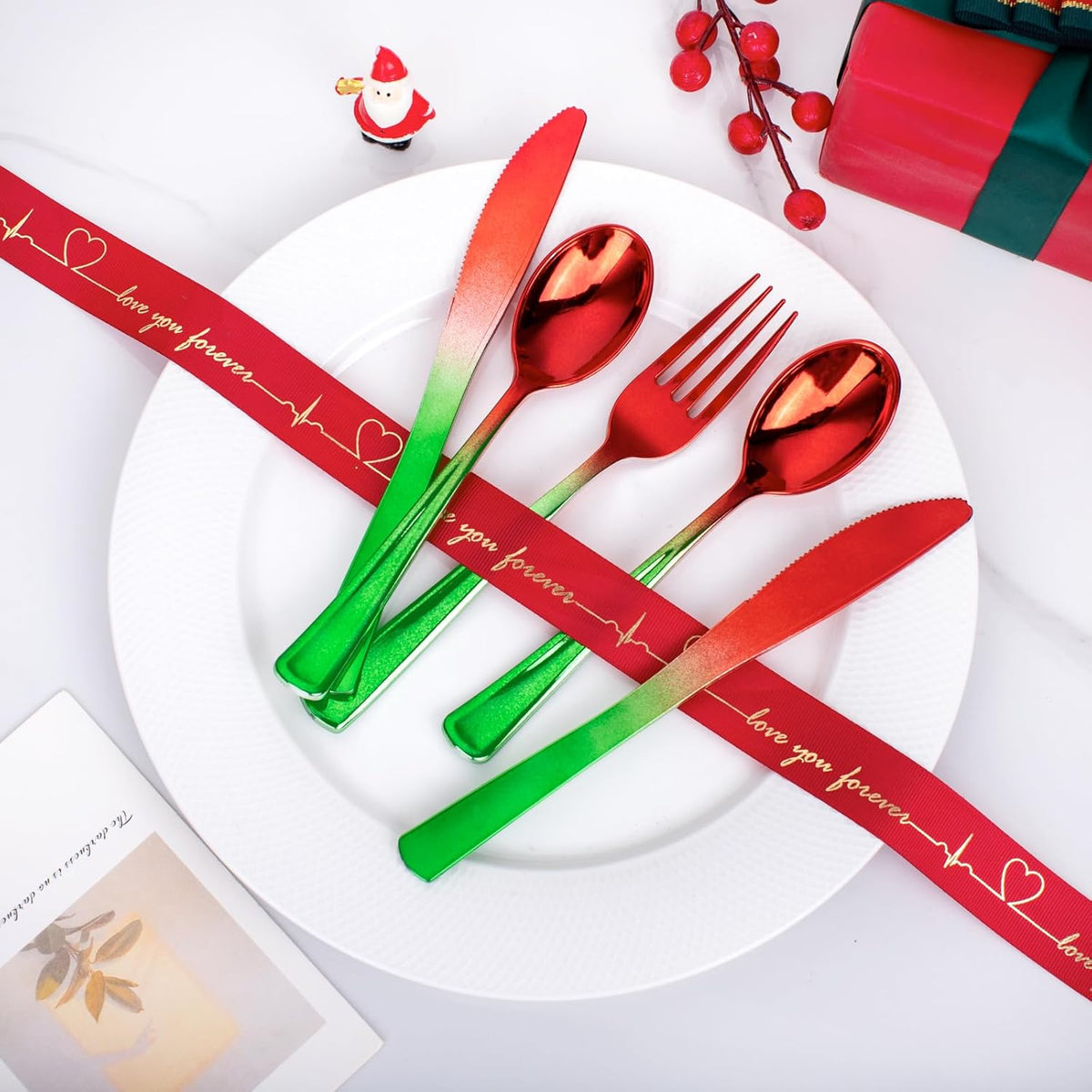 Liacere 200PCS Christmas Plastic Silverware - Red and Green Plastic Silverware include 100PCS Red and Green Forks, 50PCS Red and Green Knives, 50PCS Red and Green Spoons for Christmas