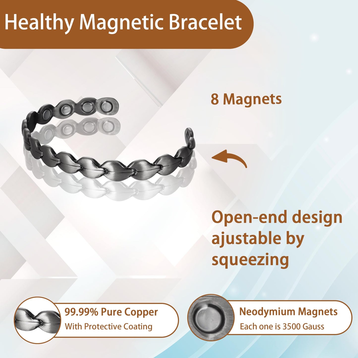 EnerCoppeX Copper Magnetic Bracelet for Women - 99.99% Pure Copper Cuff with 3500 Gauss Healing Magnets (Silver)
