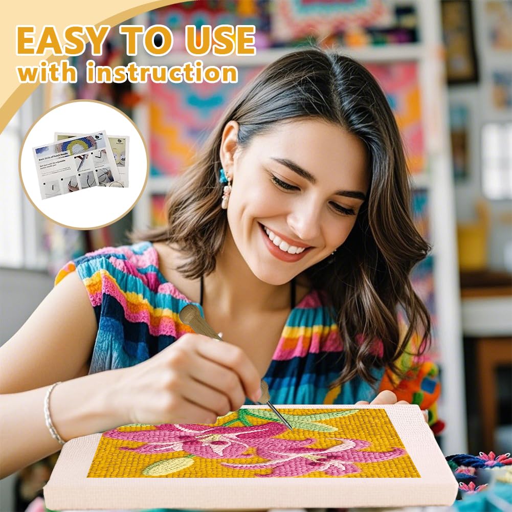 DOODLREAM Colorful Flowers Punch Needle Kit for Beginner, 9.4"x9.4" Lily Floral Punch Stitching Craft Set, DIY Embroidery Starter with Printed Frame, Instruction, Threader, Yarn, Pinch Needle