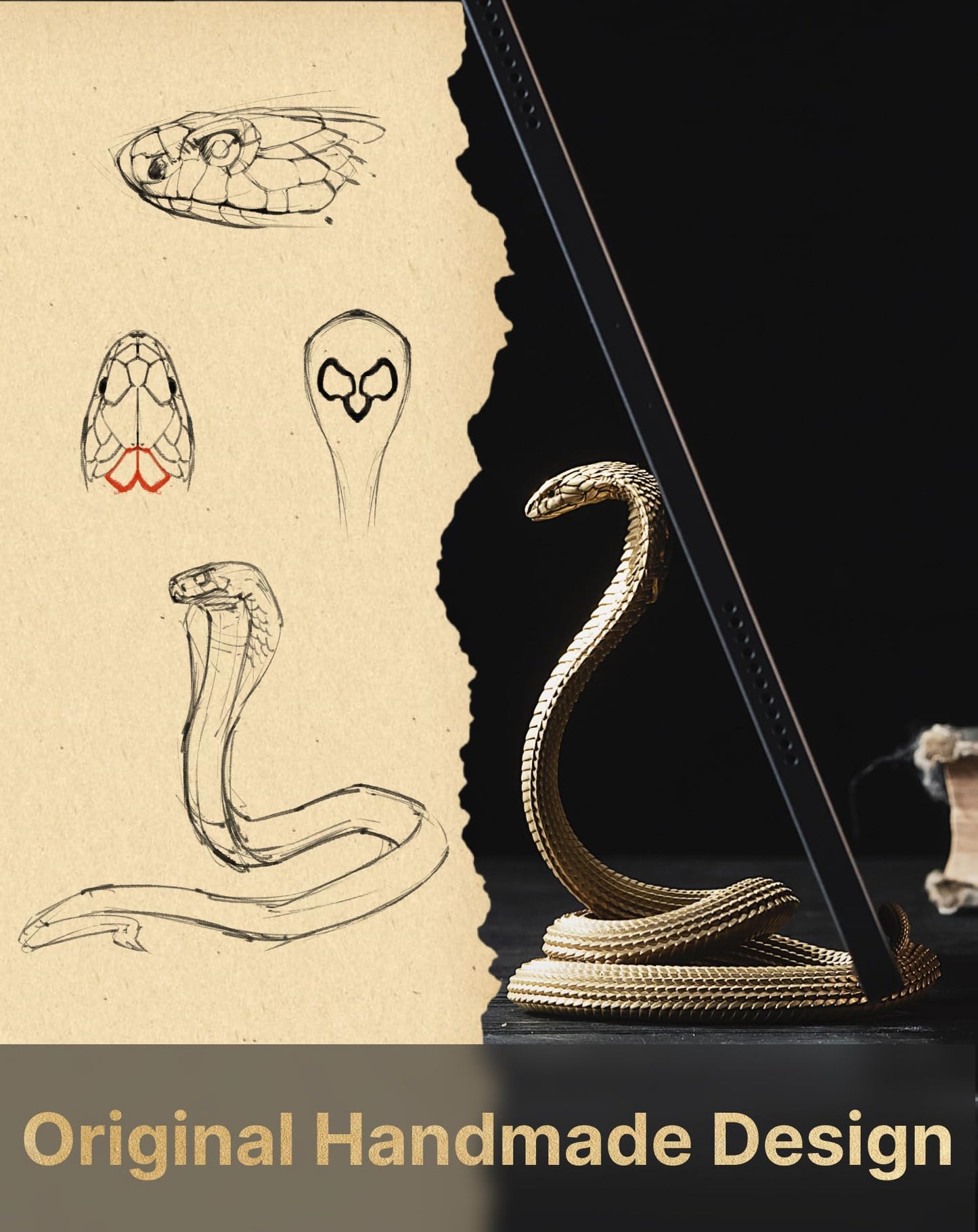 COPPERTIST.WU Cobra Phone Stand Brass Desk Decor – Handcrafted Snake Phone Holder for iPhone & Tablet, Artistic Desk Accessory Sculpture, Unique Gift for Men, Office & Home