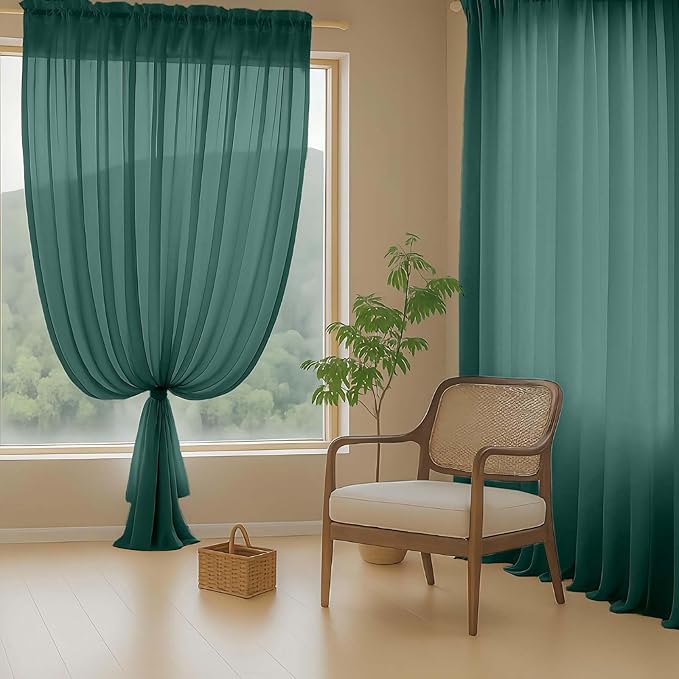 Green Sheer Curtains 63 Inch Length 2 Panels, Soft Voile Sheer Curtains for Christmas, Breathable Light Filtering Window Treatments, Dual Rod Pocket Panels, Hunter Green, 2x42Wx63L Inches