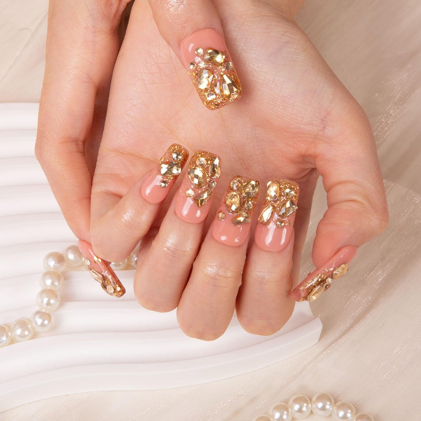 LOVFUL Press on Nails Stardust Gold| Handmade with Full Covered Crystals | Reusable Fake Nails | Square Regular 1.0 in | H84-S
