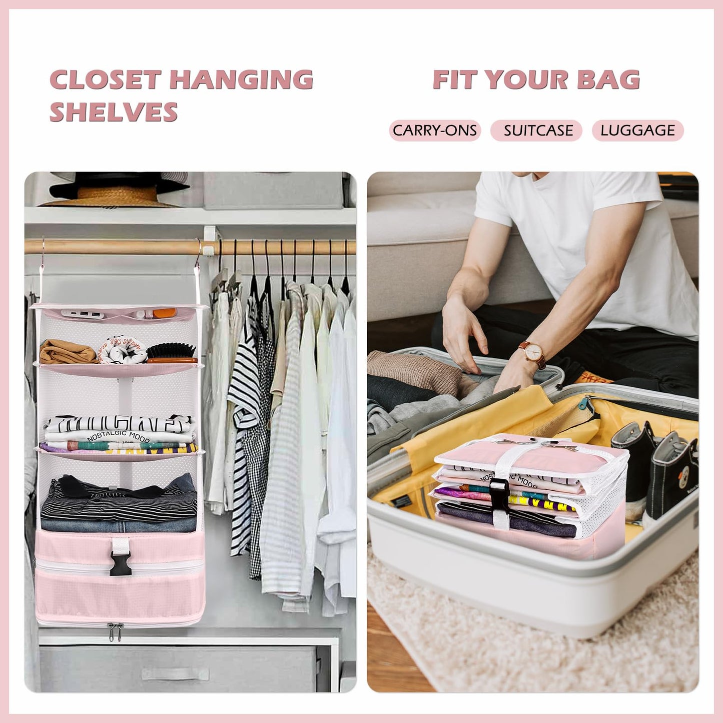 Surblue Hanging Closet Storage Bag Collapsible 3-Shelf Washable Oxford Fabric with 2 Hooks (L 11.41 * 11.41 * 19.68in, Pink)