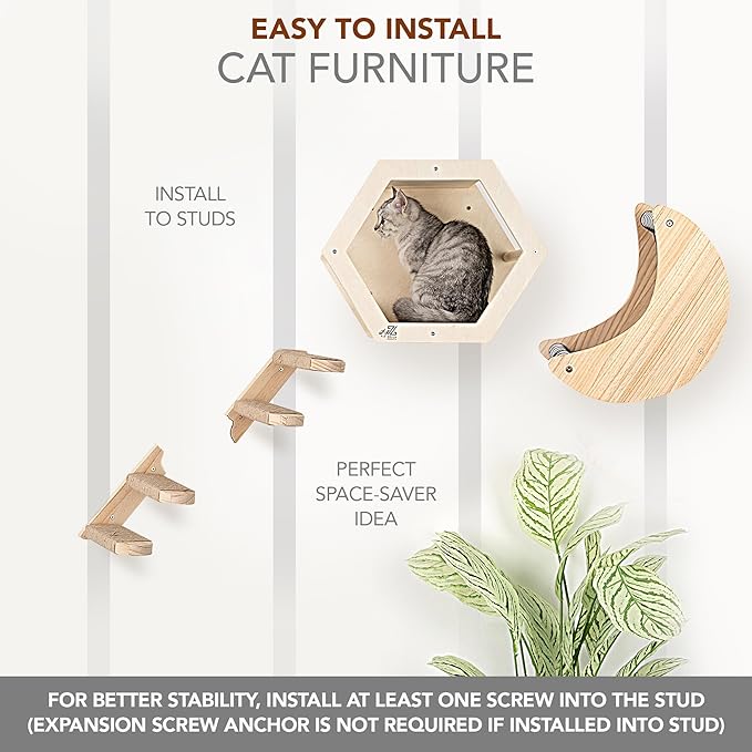 3-Piece Cat Wall Furniture Set: Hammock, Hexagon House & Climbing Steps, Wall-Mounted Wooden Shelves for Indoor Cats, + Spare Hammock Fabric