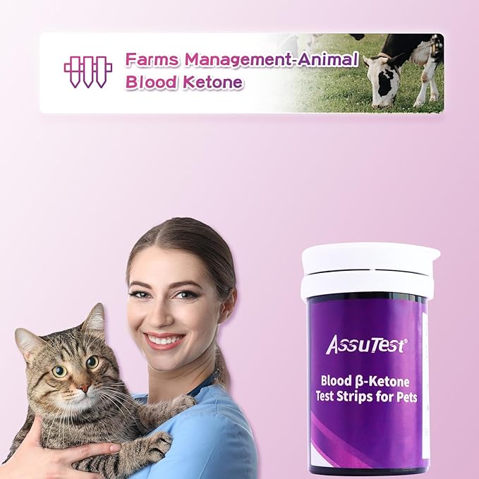 AssuTest® Blood Ketone Test Strips for Pets β-Ketone Farm Testing - Accurate, Easy-to-use Ketosis Detection Tool for Cows Cats and Dogs, Home Veterinary Supplies - 50 Pcs Set