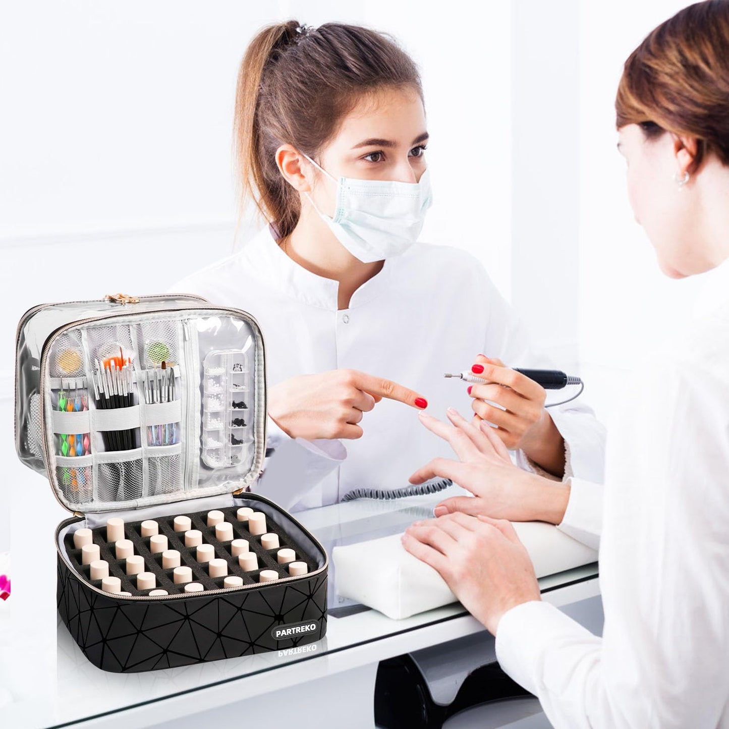 Partreko Clear Nail Polish Organizer Holds 60 Bottles (15ml/0.5fl.oz)& Nail Lamp, Double Layer Nail Supplies Organizer Case Transparent, PU Leather Nail kit Storage Bag for Manicure Tools (Black)