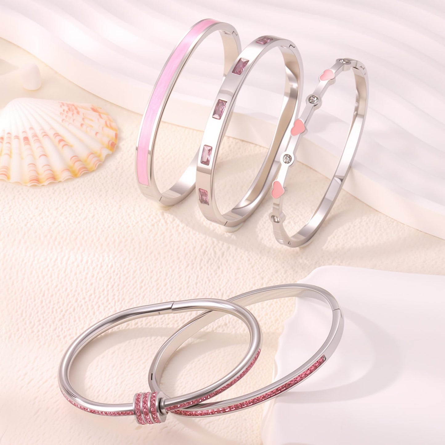 Camhanno 5-Piece Stackable Silver Bangle Bracelet Set for Women - Stainless Steel with Pink Crystal Friendship & Love Heart Bracelet Jewelry Gift for Her (Silver+Pink)