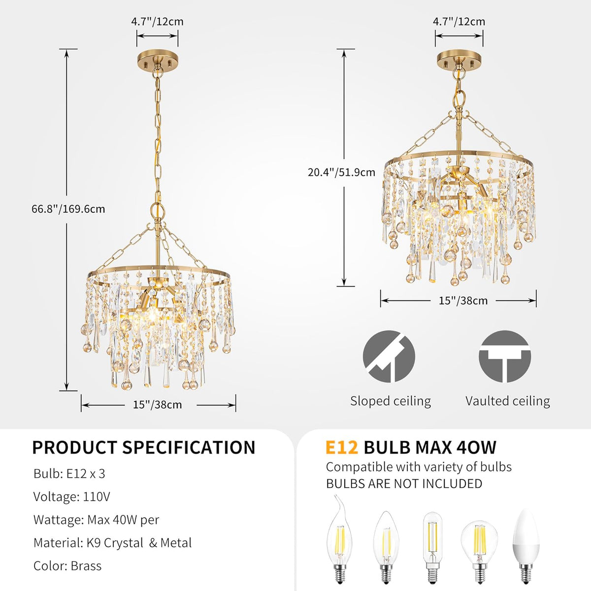 3-Lights K9 Crystal Chandeliers, Luxury Vintage Pendant Light Fixture for Dining Room, Living Room, D15*H20.4~66.8 inch (Adjustable), Clear Crystal & Gold Finish