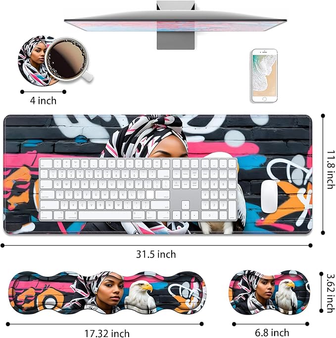 4 in 1 Ergonomic Keyboard Wrist Rest & Mouse Pad Wrist Rest Set, Large XXL Gaming Desk Mat 31.5"x 11.8" with Non-Slip Base, Memory Foam for Home Office Study Gaming, American Black Girl Bald Eagle