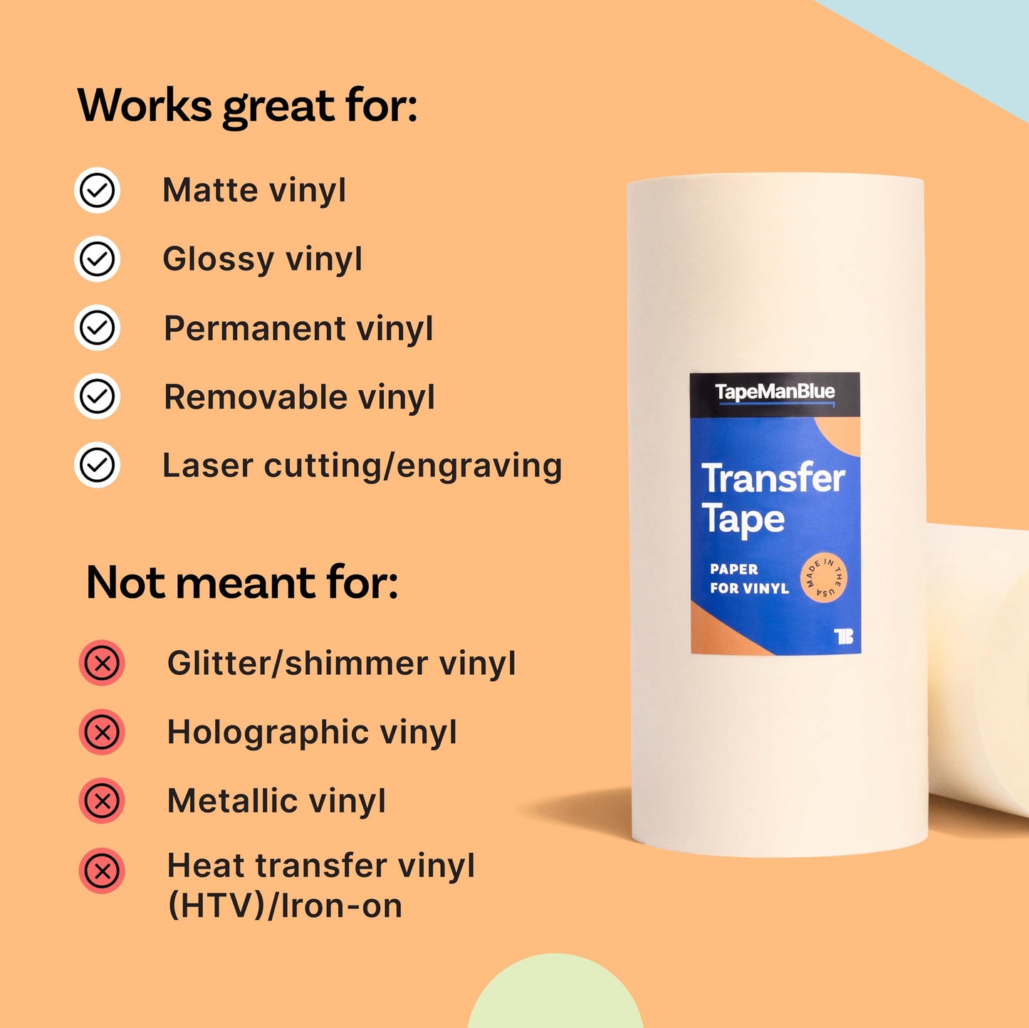 TapeManBlue Paper Transfer Tape for Vinyl, 12" x 300' Roll, Made in America, Premium Transfer Tape for Vinyl Graphics & Laser Cutting