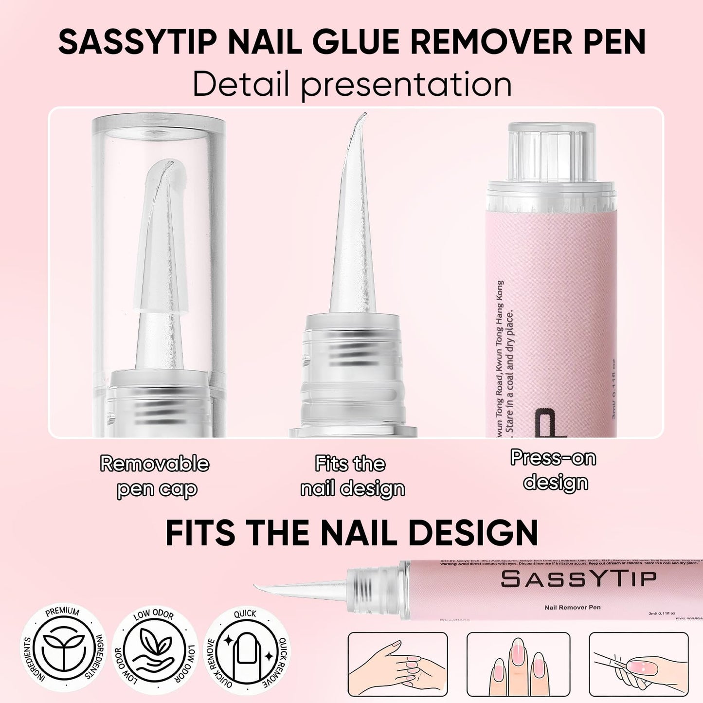 SASSYTIP Nail Glue Remover Pen for Press On Nails,Nail Polish Remover Click & Remove Design, Acetone-Free Gentle Formula for Fake Nails & Nail Glue, 0.11 fl.oz. (4 PCS)