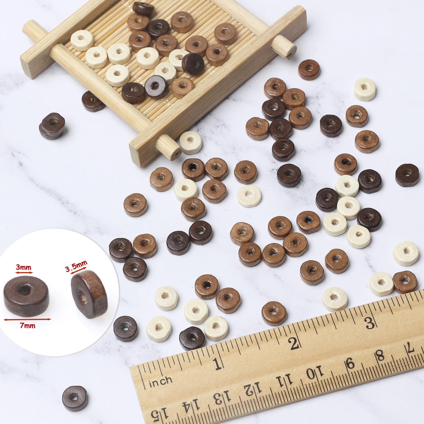 900Pcs Flat Round Wooden Beads - 7mm Wood Loose Spacer Beads for DIY Crafts, 300Pcs for Each Color