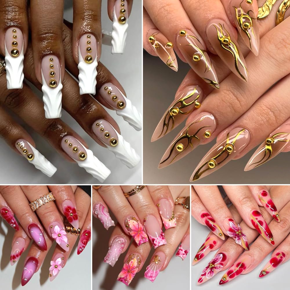 Silver and Gold Nail Charms and Gems, Mixed Sizes Half Round Flatback Stainless Steel Beads Metallic Caviar Beads Nail Rivets Studs Jewels with Tweezers Manicure Decorations DIY Crafts