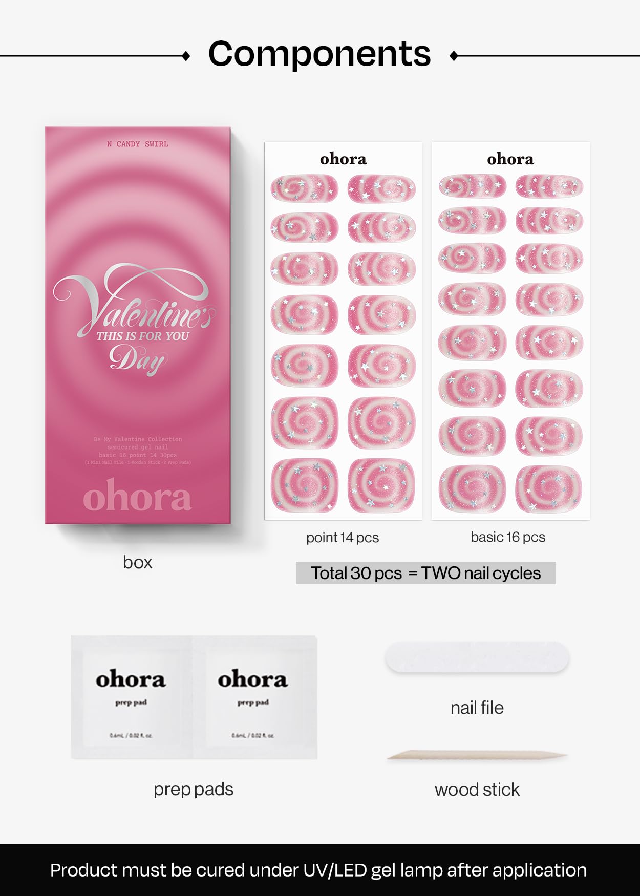 ohora Semi Cured Gel Nail Strips (N Candy Swirl) - Salon-Quality Valentines Nails stickers, Works with Any Lamps, Long Lasting, Easy to Apply & Remove, Chip Resistant