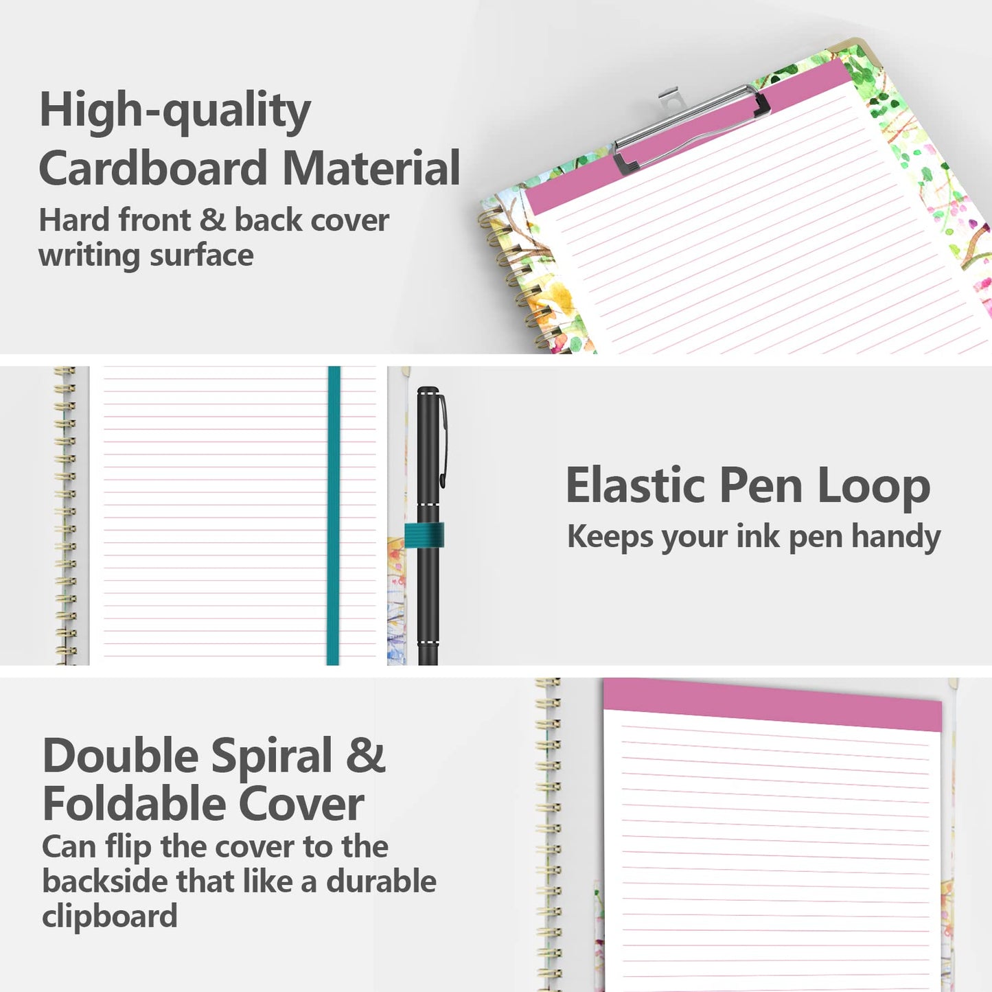 Clipboard Folio with Notepad for Letter Size (11" x 8.5"), 5 Extra Folders with Storage 10 Pockets, 39 File Folder Labels, Elastic Closure Spiral Clipboard with Storage(Tree Seasons)