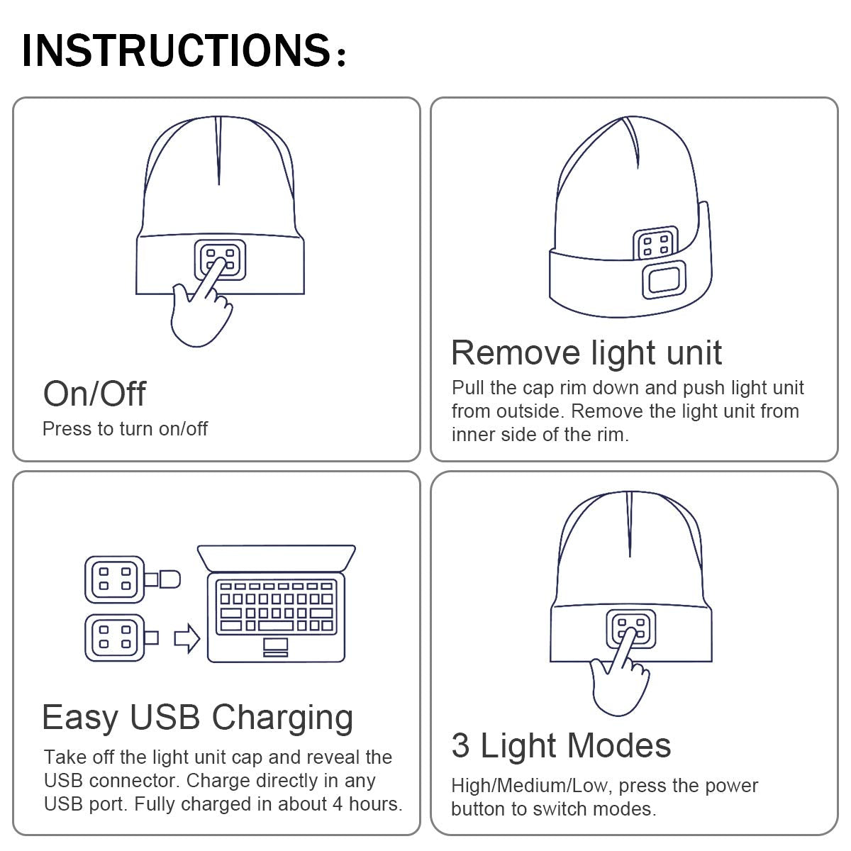YunTuo Rechargeable LED Beanie with 4 Lights - Unisex Winter Knit Cap with USB Flashlight for Men and Women (Grey)