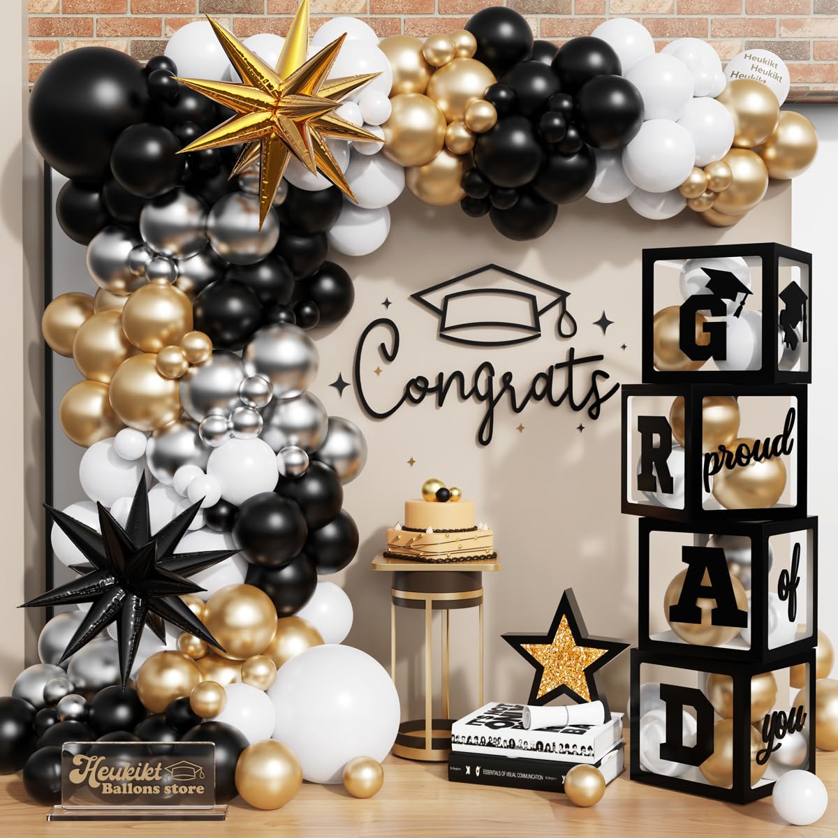 Black White Gold and Silver Balloons Arch Kit, 148PCS Graduation Balloon Arch Garland Kit With Black and Gold Star Foil Balloons for Anniversary Birthday Graduations New Year Party Decorations