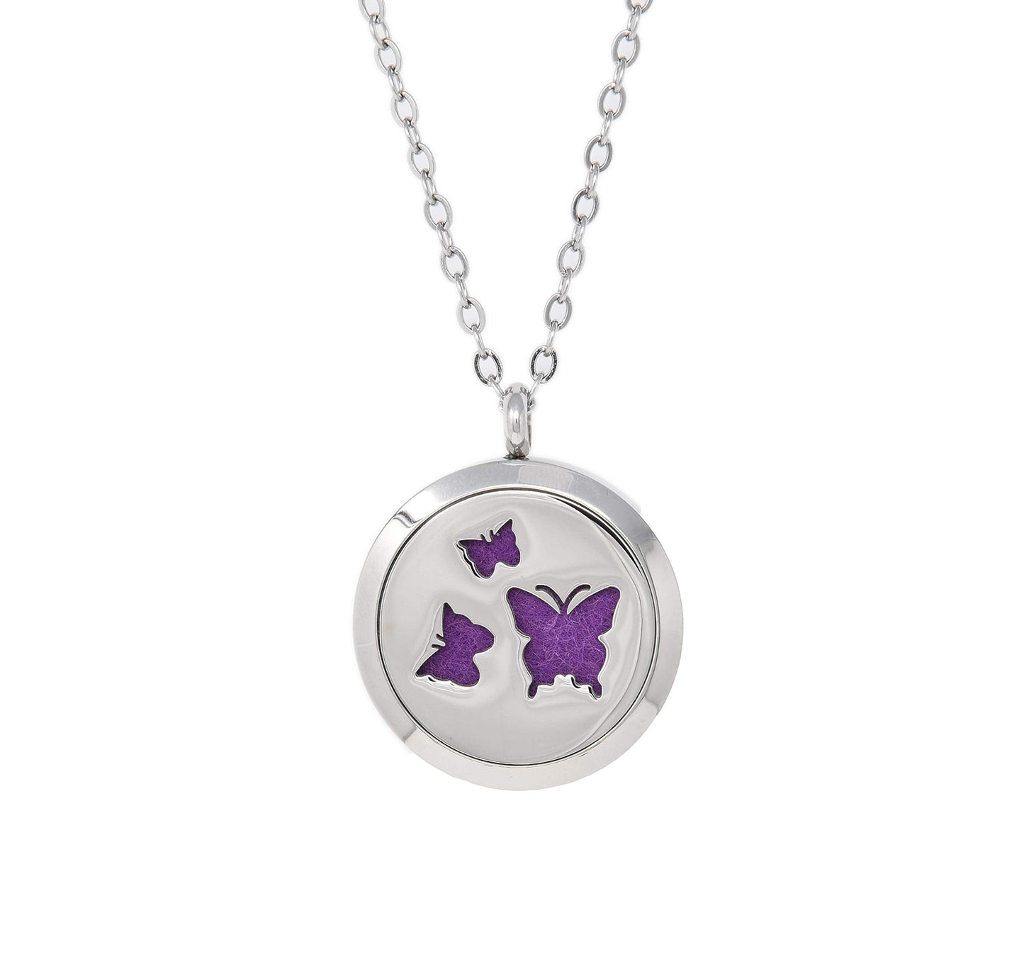 Aromatherapy Essential Oil Diffuser Stainless Steel 30MM Silver Magnetic Locket Pendant 2 Sizes Chain Necklace, Refill Pads & Diffuser Bracelet in a Velvet Bag (butterfly4)