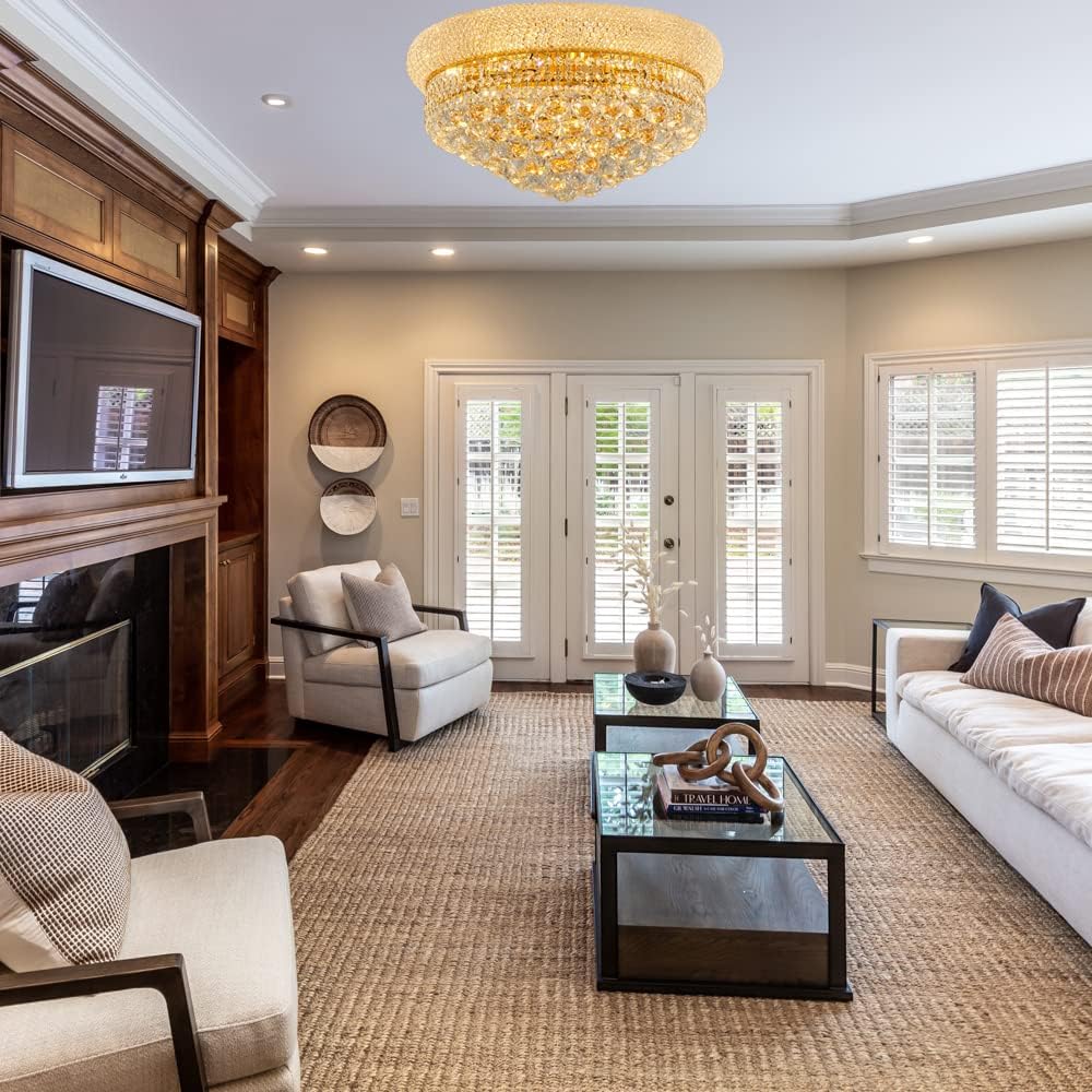9-Light Crystal Flush Mount Chandelier Ceiling Light Fixture for Living Room Dining Room Bedroom Foyer Entryway Hallway Closet Bathroom (Gold D22)