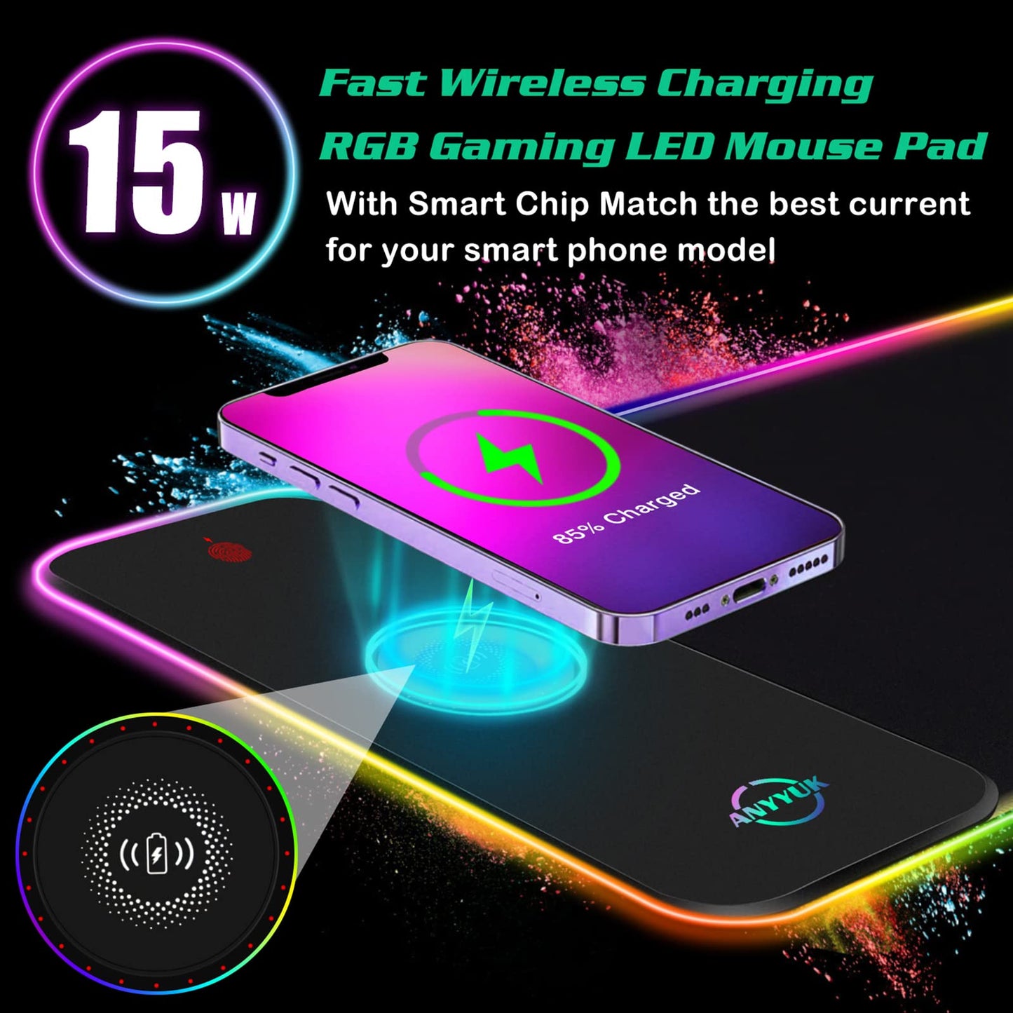 RGB LED Mouse Pad with 15W Wireless Charger Gaming Mouse Pad with 10 Light Modes, Extra Large Mousepad Non-Slip Rubber Base Computer Keyboard Mat for Men