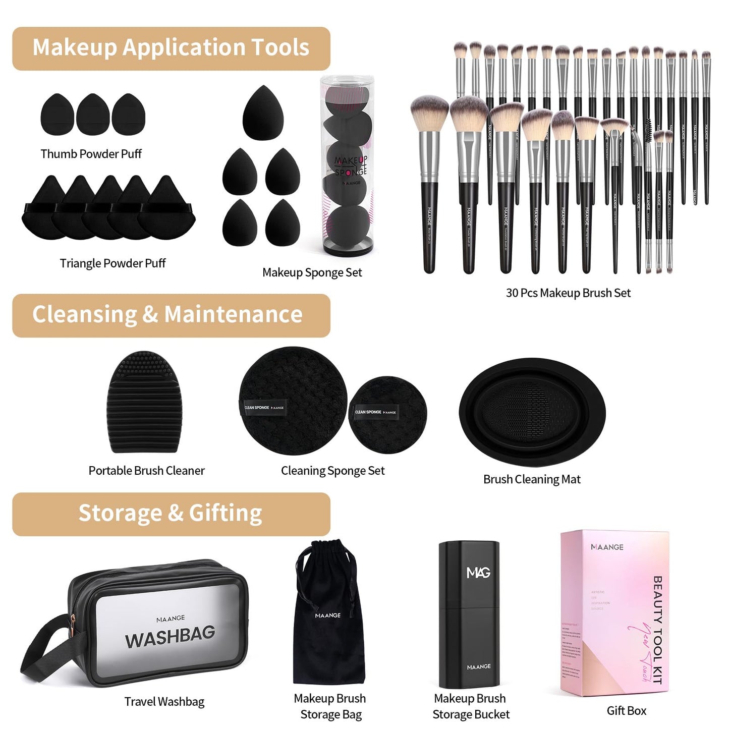 MAANGE Makeup Brush Set 51 PCS Professional Makeup Brushes for Foundation Powder Concealers Eye shadows Blending Blush Travel Make up Brush Kit (Black Silver)
