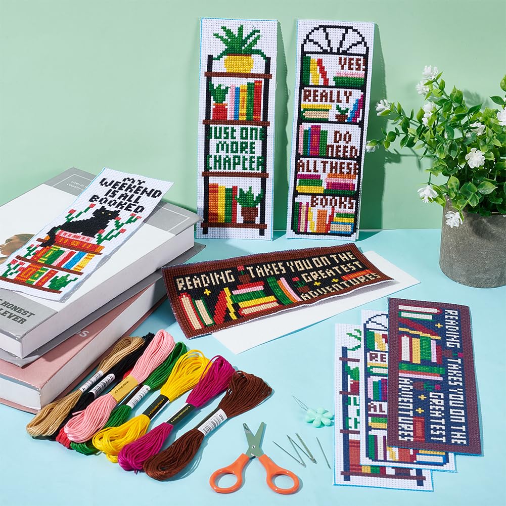 ACRNIGHEET 6PCS Cross Stitch Bookmark Kits Bookshelves Words Pattern Counted Cross Stitch Kits for Beginners Adults DIY Stamped Embroidery Bookmarks with Instructions Hand Embroidery Craft Gift