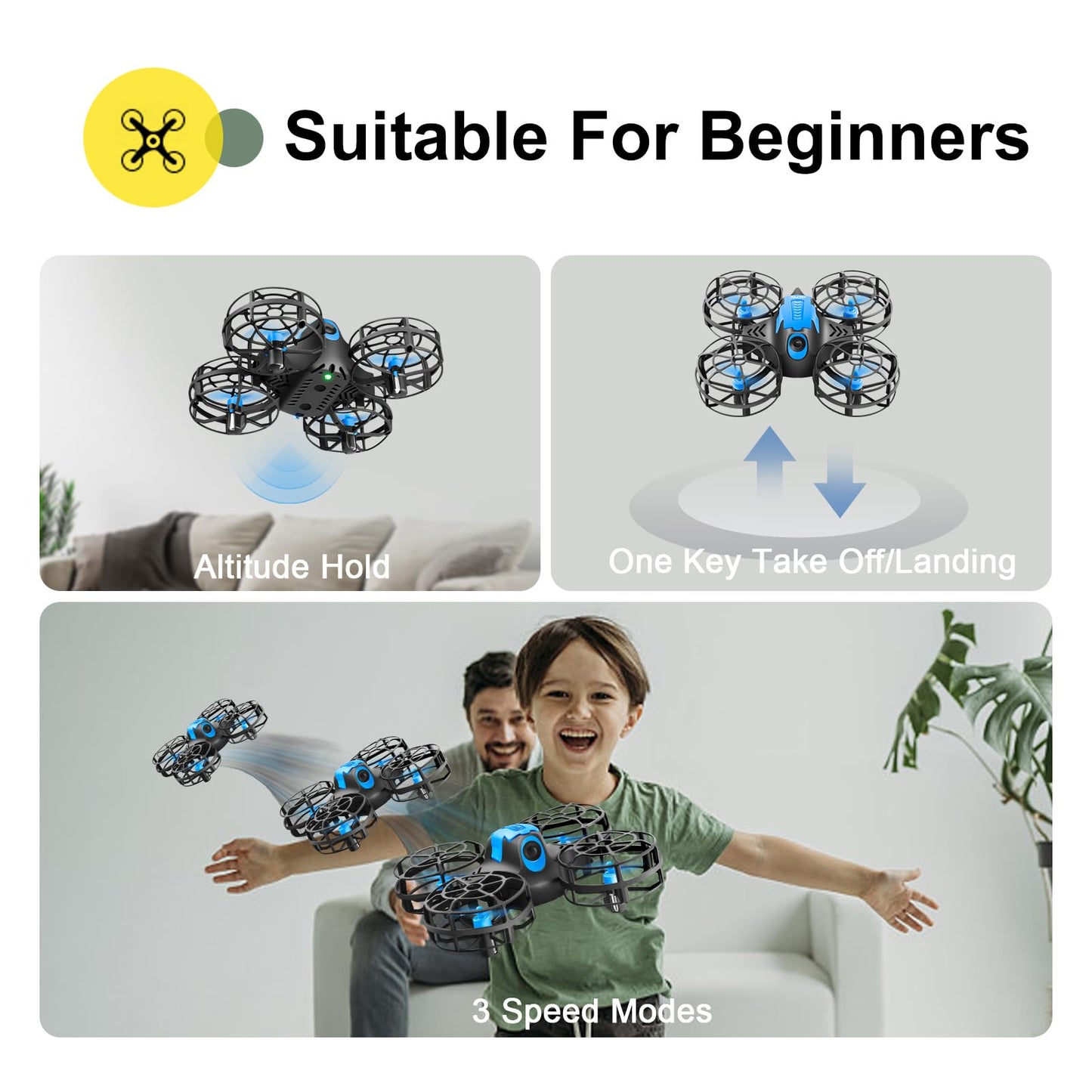 4DRC V18 Mini Drone with 2 Control Methods for Kids Beginners, 3D Flips, Lights, Headless Mode, 3 Speeds Adjustable, Auto Hover, Altitude Hold, 2 Batteries, RC Quadcopter Drones Fly Gift Toy for Boys