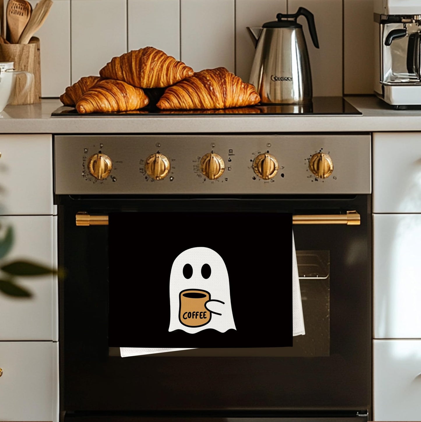 OSLYSOF Halloween Coffee Ghost Kitchen Towels, Ghost Gifts for Lovers Women Dish Tea Towels, Dark Academia Gothic Halloween Hand Towel for Coffee Bar Station Decor, 16x24 Inch