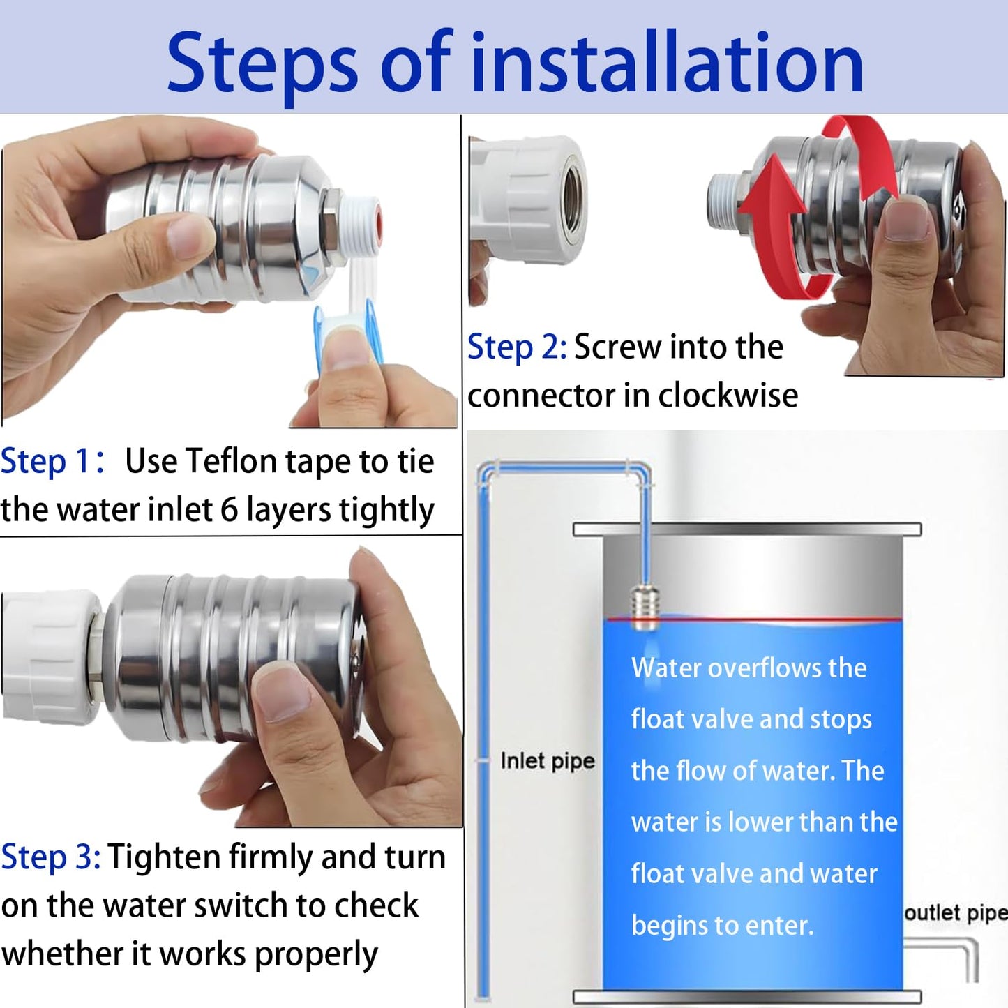 Upgraded Water Float Valve With 1/2" Bend and Adapters, 304 Stainless Steel Automatic Waterline Controller for Cistern, Aquarium, Livestock Trough and Pool