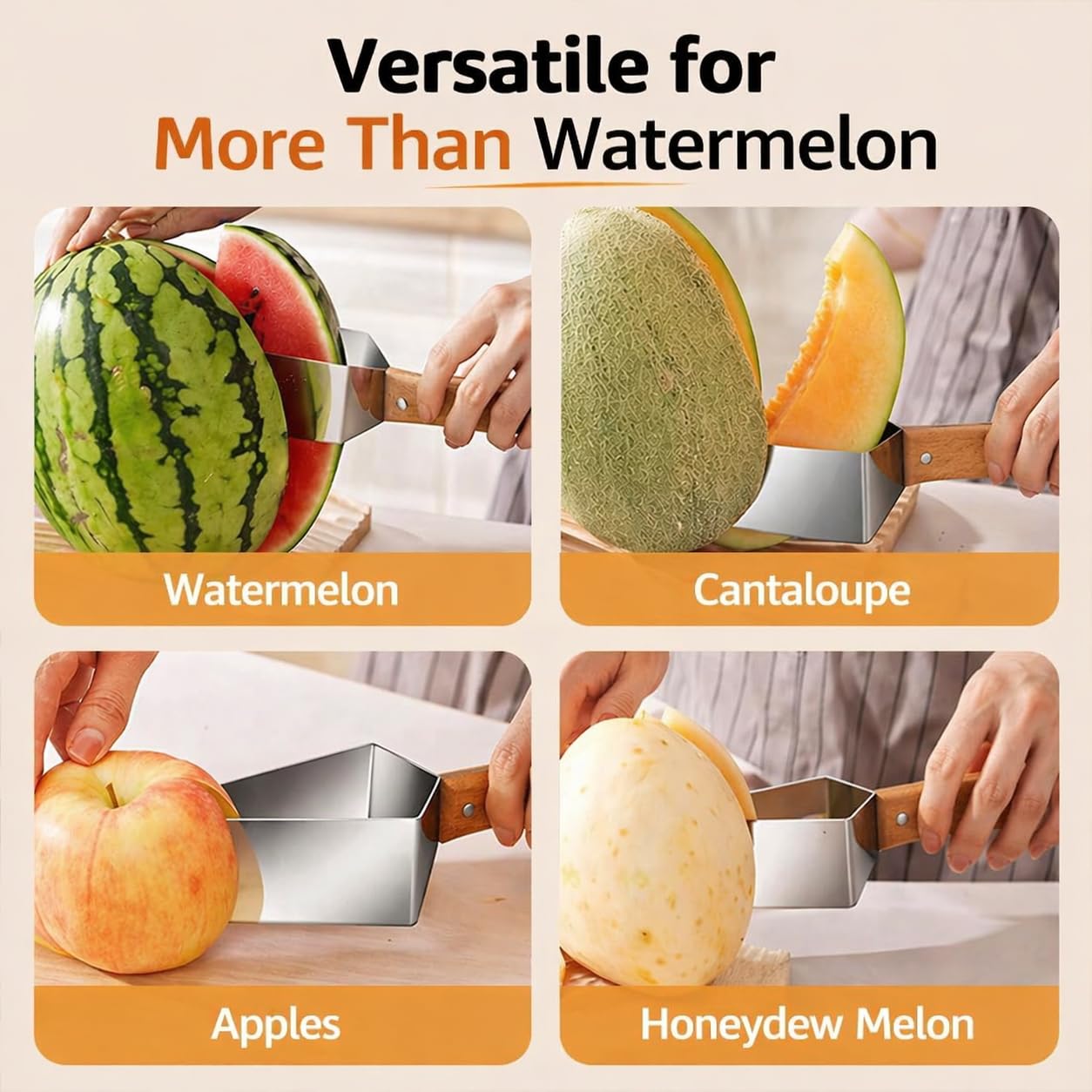 Stainless Steel Watermelon Slicer, Triangle Watermelon Cutter with Wooden Handle, Multi-Use Kitchen Fruit Cutter Tool for Watermelon, Cantaloupe, Honeydew, Apples and More (1Pcs)