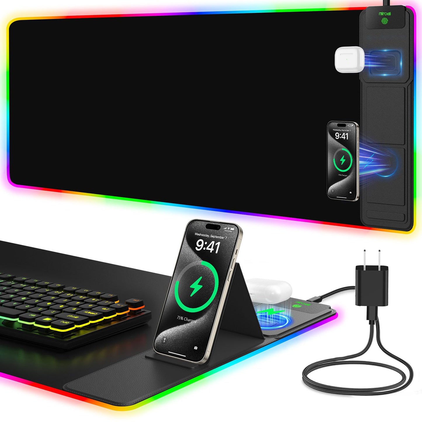 Mouse Pad with Foldable Phone Holder & Wireless Charger, XXL RGB Gaming Mousepad 31.5"x15.8" Large Desk Mat for Keyboard, Black Desk Pad with Dual Qi Charging Station | 11 Colors 5 Modes | Waterproof