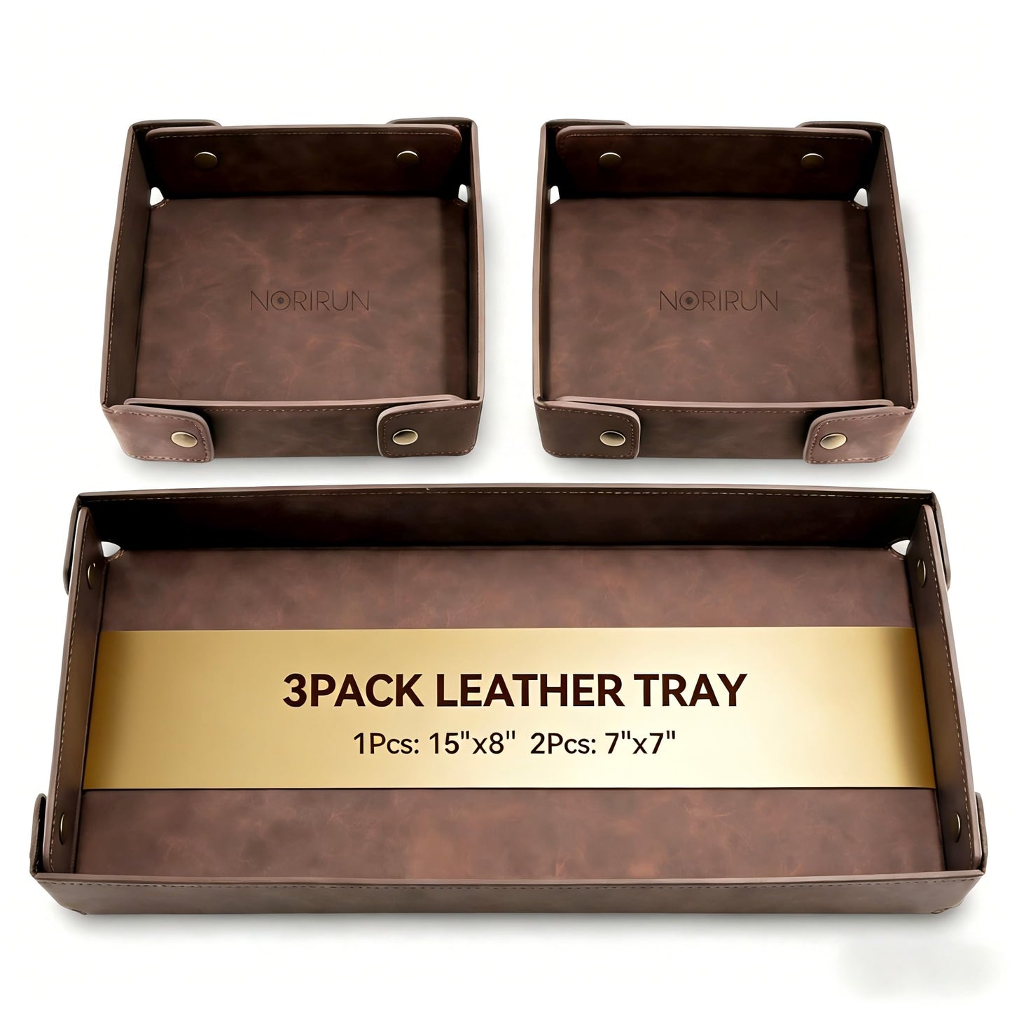 3Pack Mens Valet Tray, Foldable PU Leather Catch All Organizer for Desk, Entryway, Holds Keys, Wallet, Watch, Jewelry, Phone (Brown)