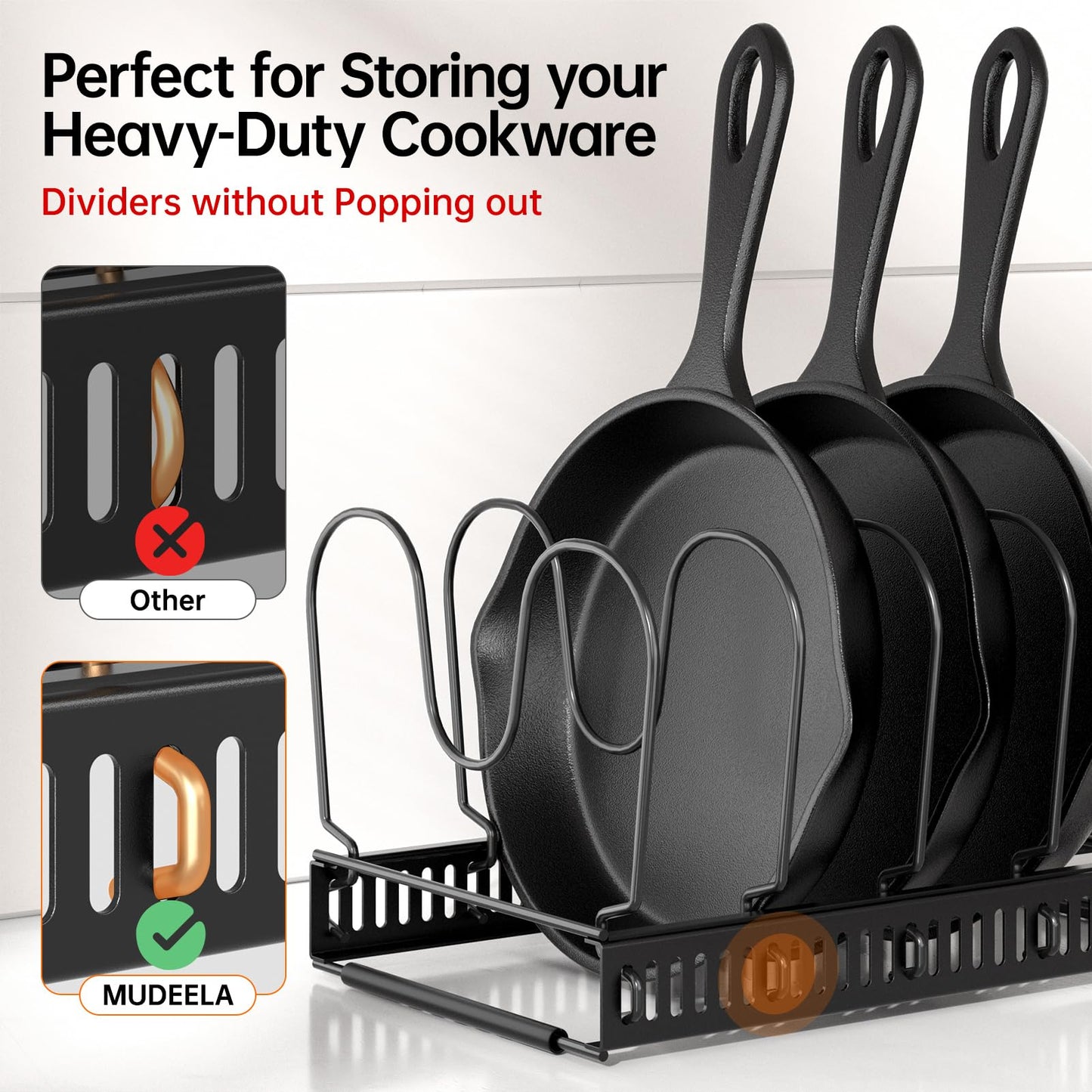 MUDEELA Expandable Pots and Pans Organizer Rack under Cabinet, Pots Lid Organizer Rack for Kitchen Cabinet Organizers and Storage with 12 Adjustable Dividers Cutting Board Holder & Anti-Scratch Strips