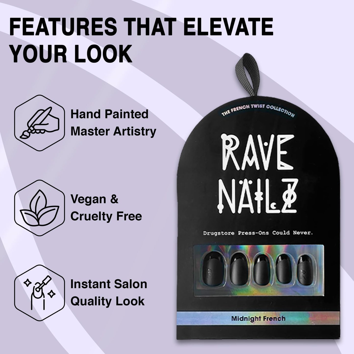 Rave Nailz Midnight French Tip Press On Nails (24 Count) | Matte Black 3D False Oval Press On Nail Short with Glossy Tip | Chip-Resistant Fake Nails with Glue, Includes File, Long-Lasting 2+ Weeks