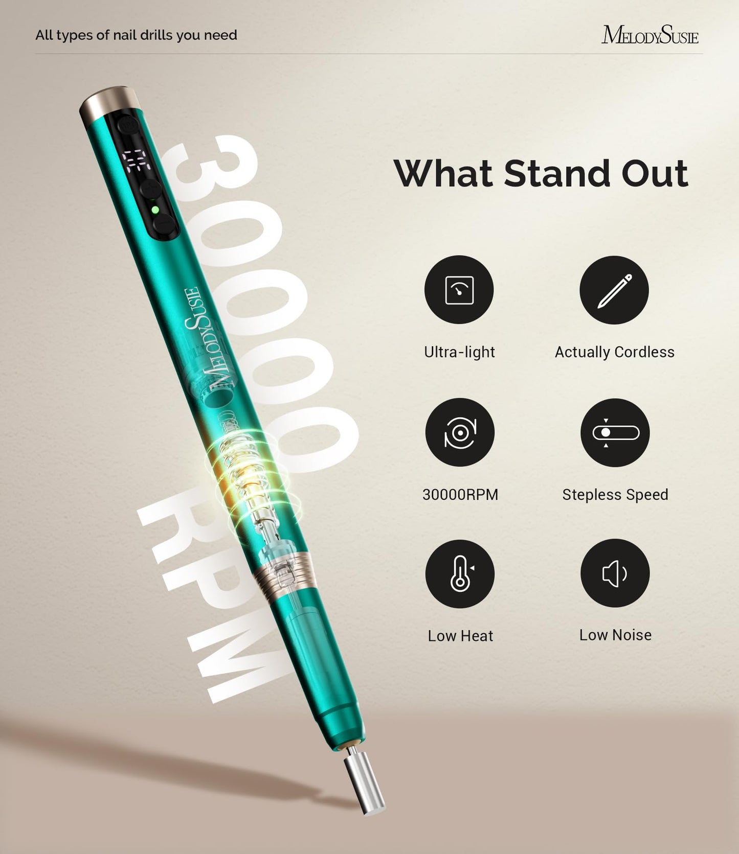 MelodySusie Pen-Shaped Ultra-Slim Cordless Nail Drill, PM170F 30000RPM Portable Rechargeable Electric File with LED Display for All Manicure, Nail Care, Shaping & Gel Removal for Advanced Home Use